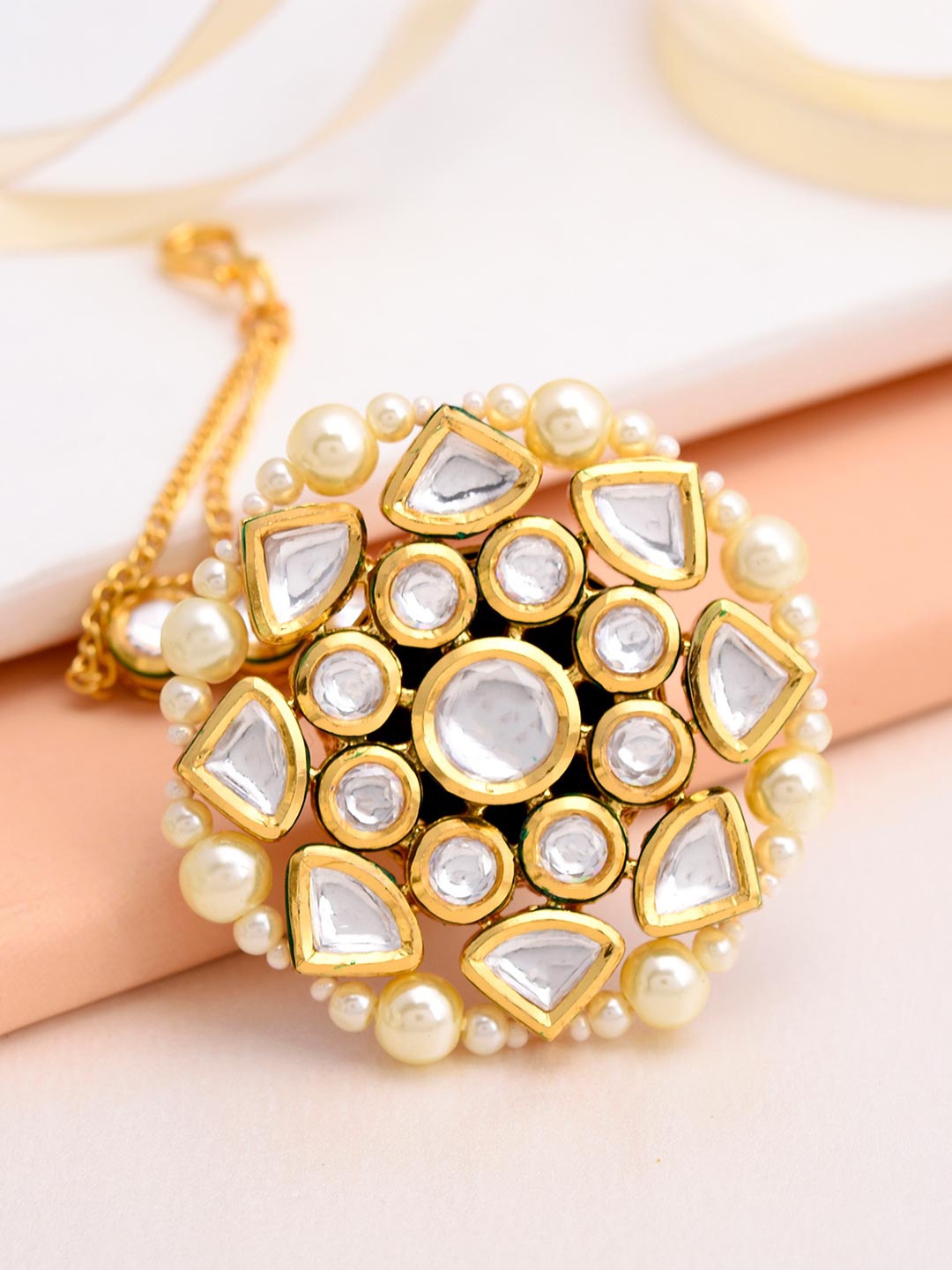 

Tistabene Gold-Plated White Kundan-Studded Meena Traditional Maang Tikka
