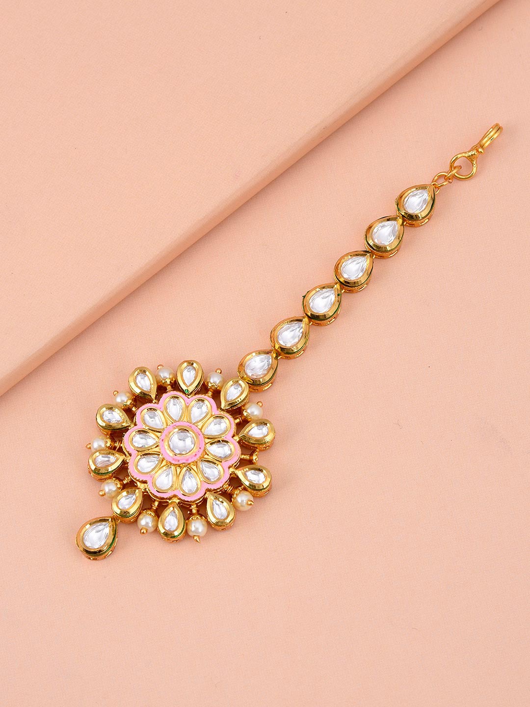 

Tistabene Gold-Plated White Kundan Studded Traditional Maang Tika