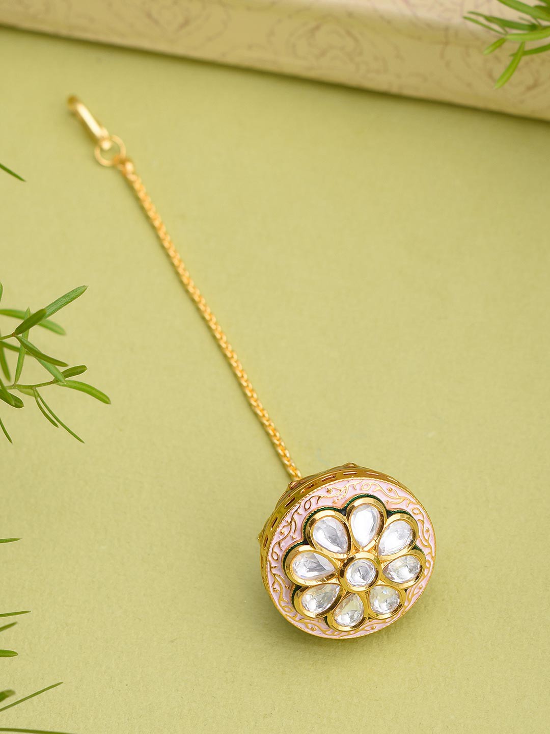 

Tistabene White Gold-Plated Traditional Kundan Polki Enamelled Borla