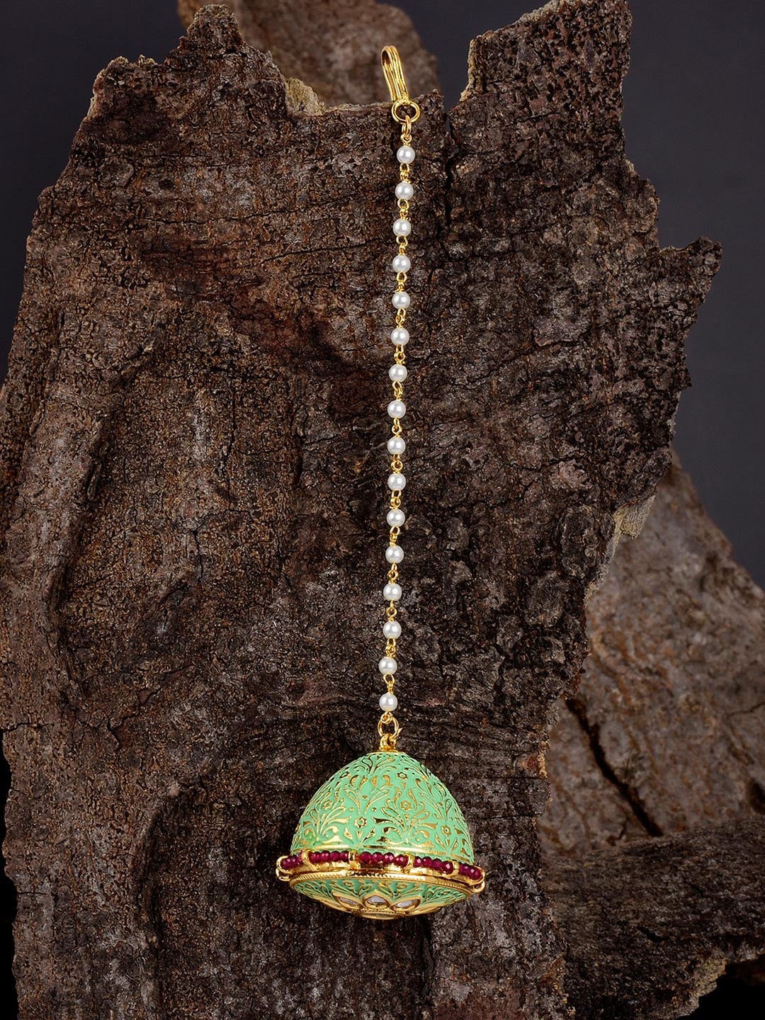 

Tistabene Gold-Plated Green & Red Stone-Studded Enamelled Borla Maangtikka