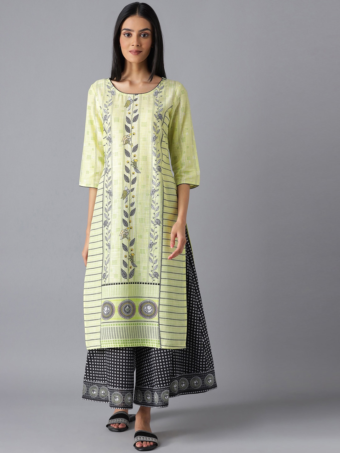 

AURELIA Women Lime Green & Black Ethnic Motifs Printed Pure Cotton Kurta