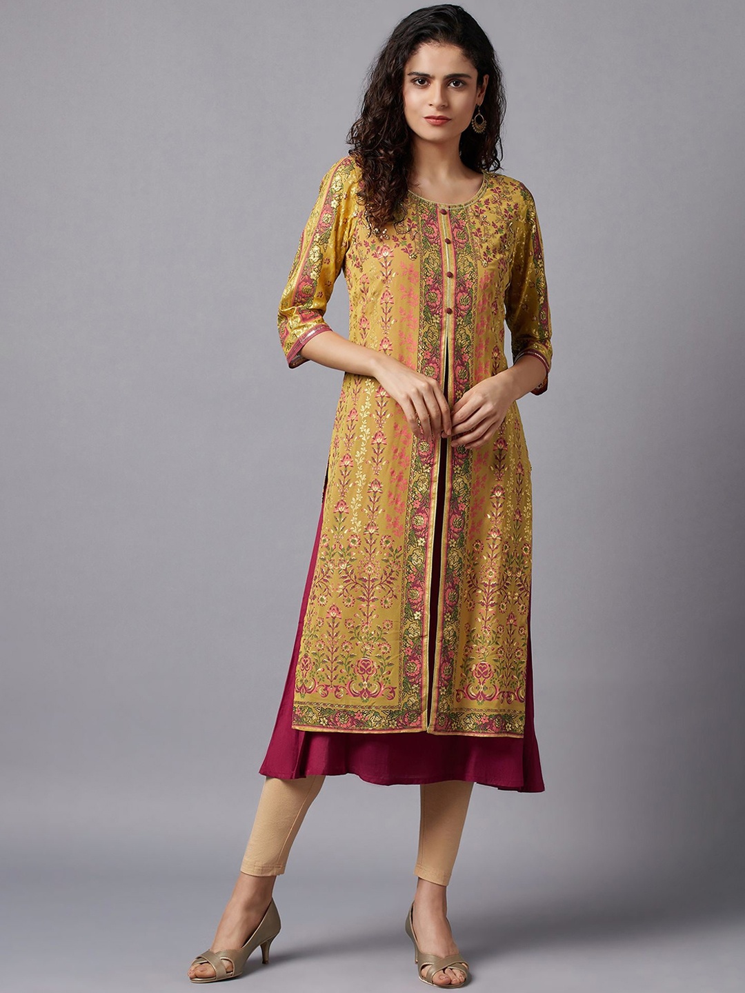 

AURELIA Women Mustard Yellow & Burgundy Ethnic Motifs Printed Kurta