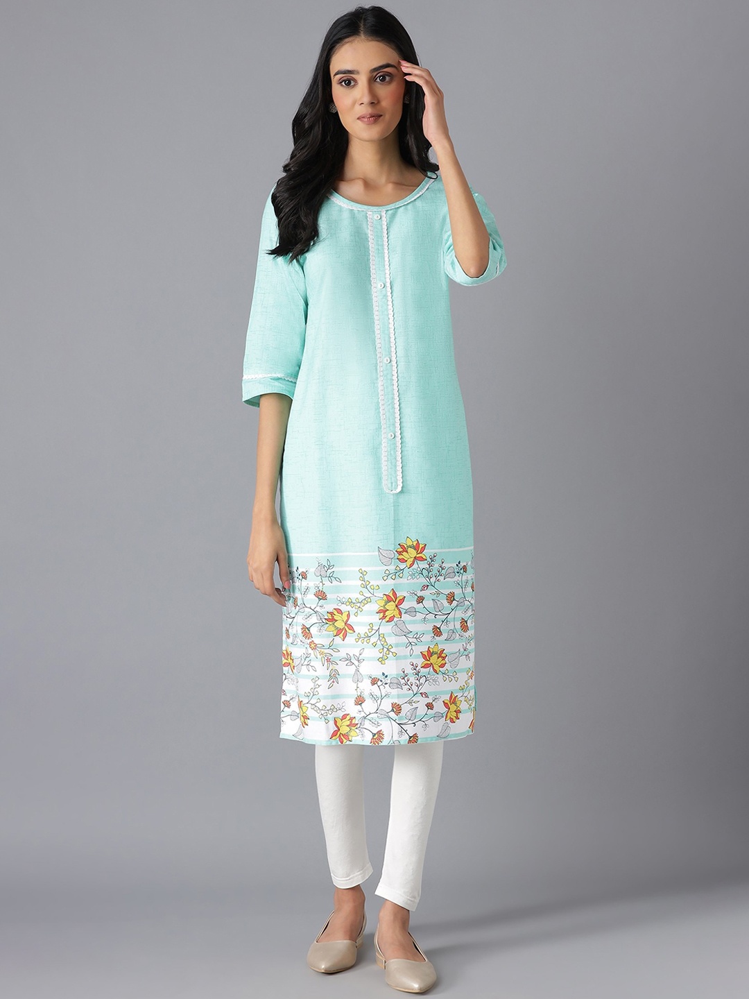 

AURELIA Women Sea Green & Yellow Ethnic Motifs Printed Kurta