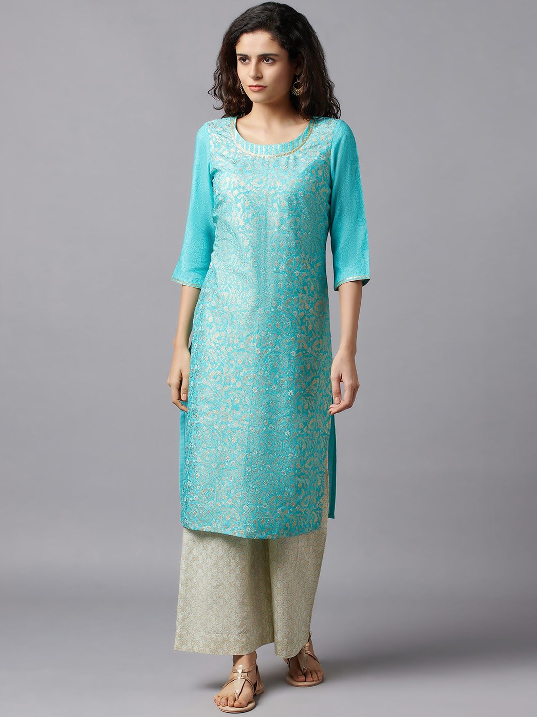 

AURELIA Women Turquoise Blue Floral Woven Design Kurta