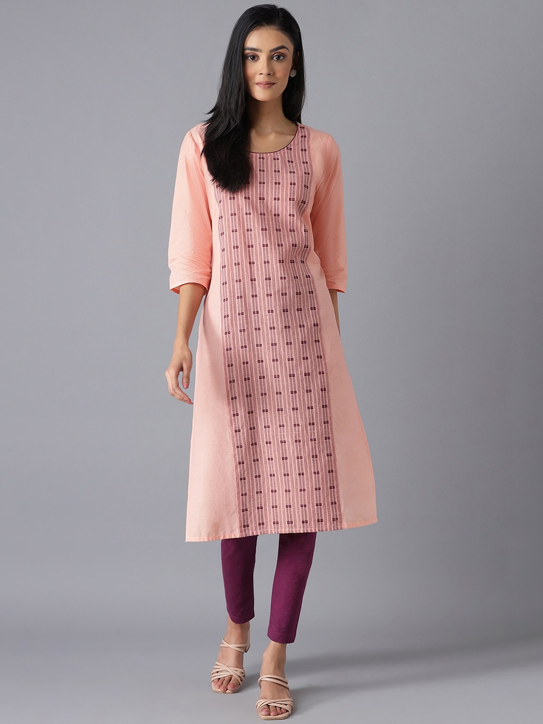 

AURELIA Women Peach-Coloured Geometric Printed Pure Cotton Kurta