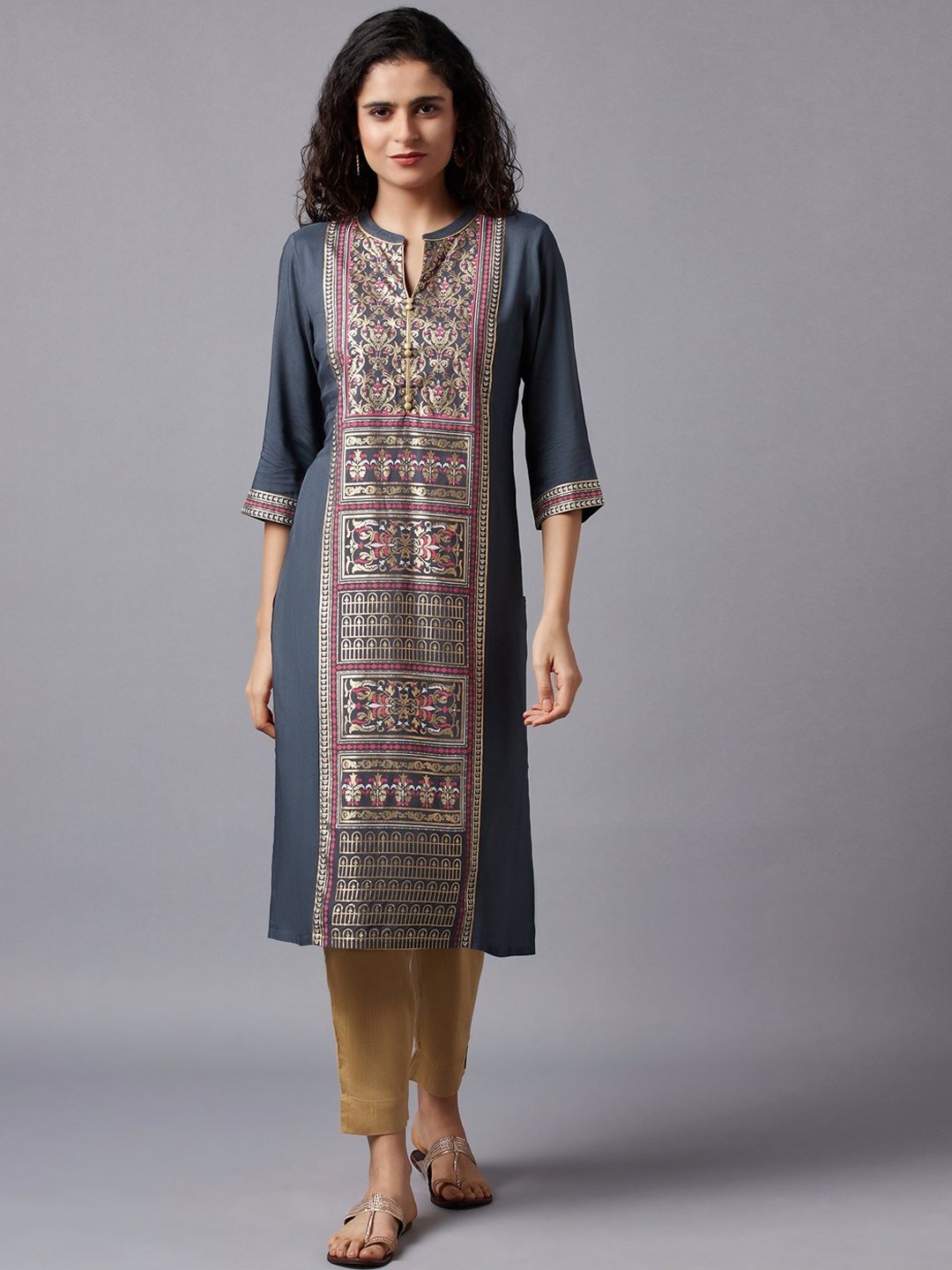 

AURELIA Women Grey Ethnic Motifs Printed Keyhole Neck Kurta