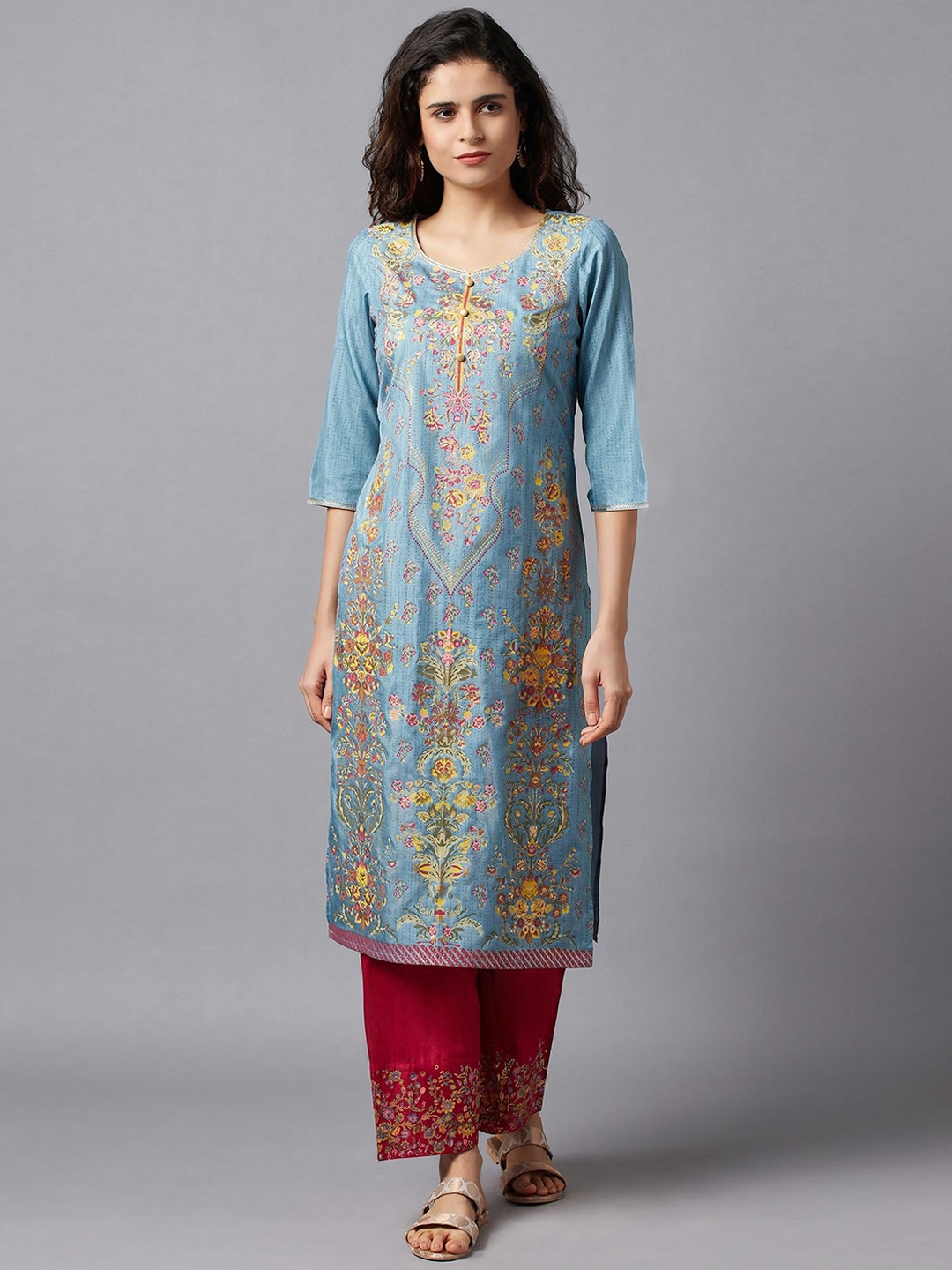 

AURELIA Women Blue & Yellow Ethnic Motifs Printed Kurta