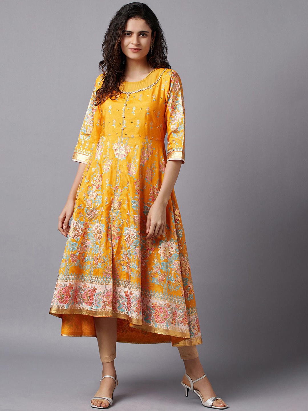 

AURELIA Women Yellow Floral Printed Anarkali Kurta