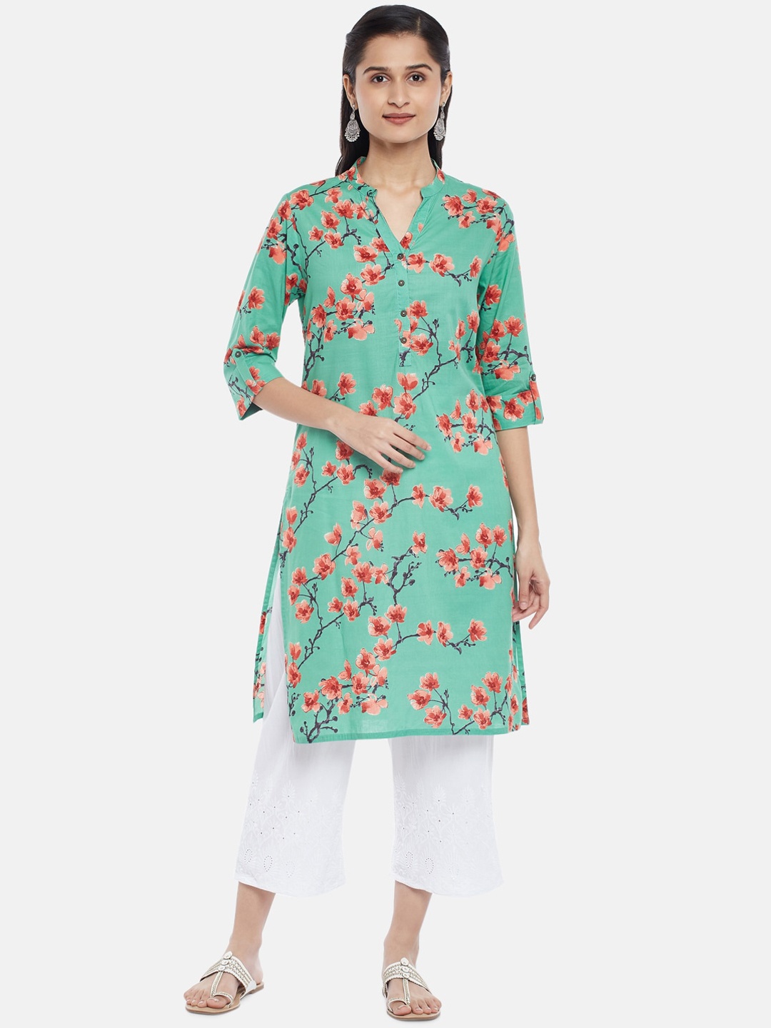 

RANGMANCH BY PANTALOONS Women Green Floral Printed Thread Work Kurta