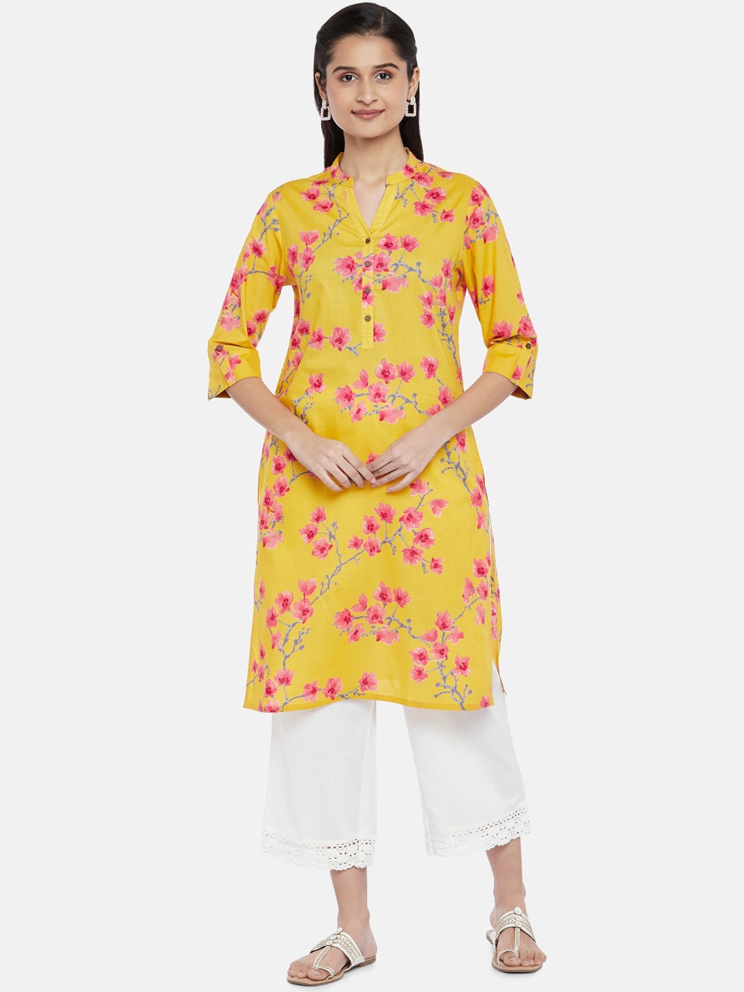 RANGMANCH BY PANTALOONS Women Mustard Yellow & Pink Floral Printed Kurta