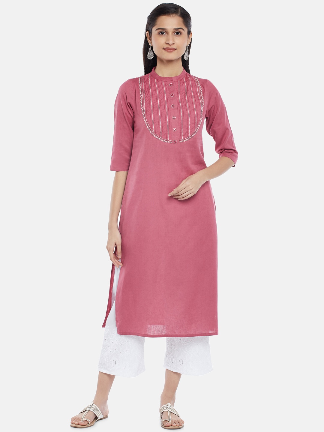 

RANGMANCH BY PANTALOONS Women Pink Yoke Design Thread Work Kurta