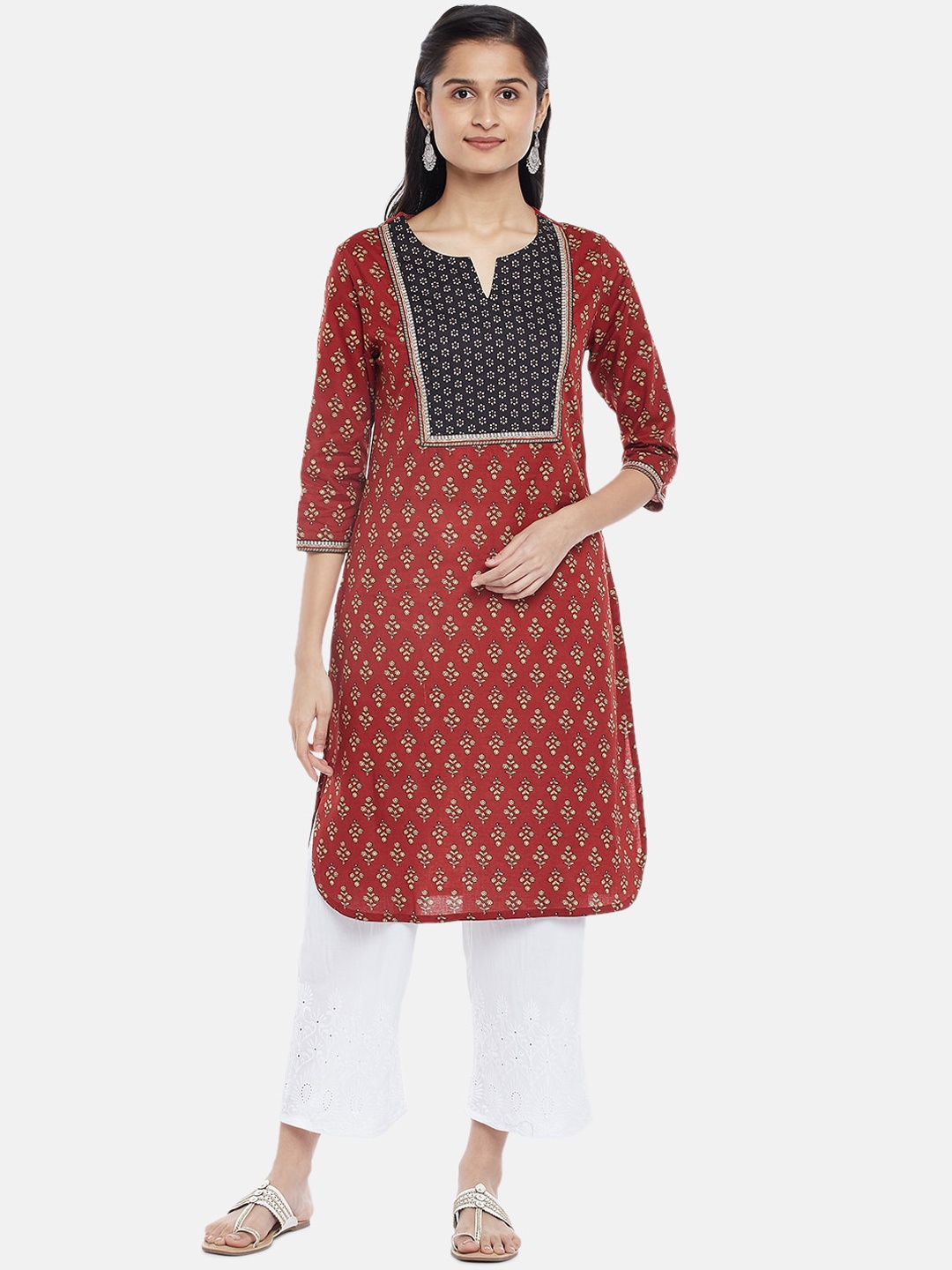 

RANGMANCH BY PANTALOONS Women Maroon Yoke Design Printed Kurta