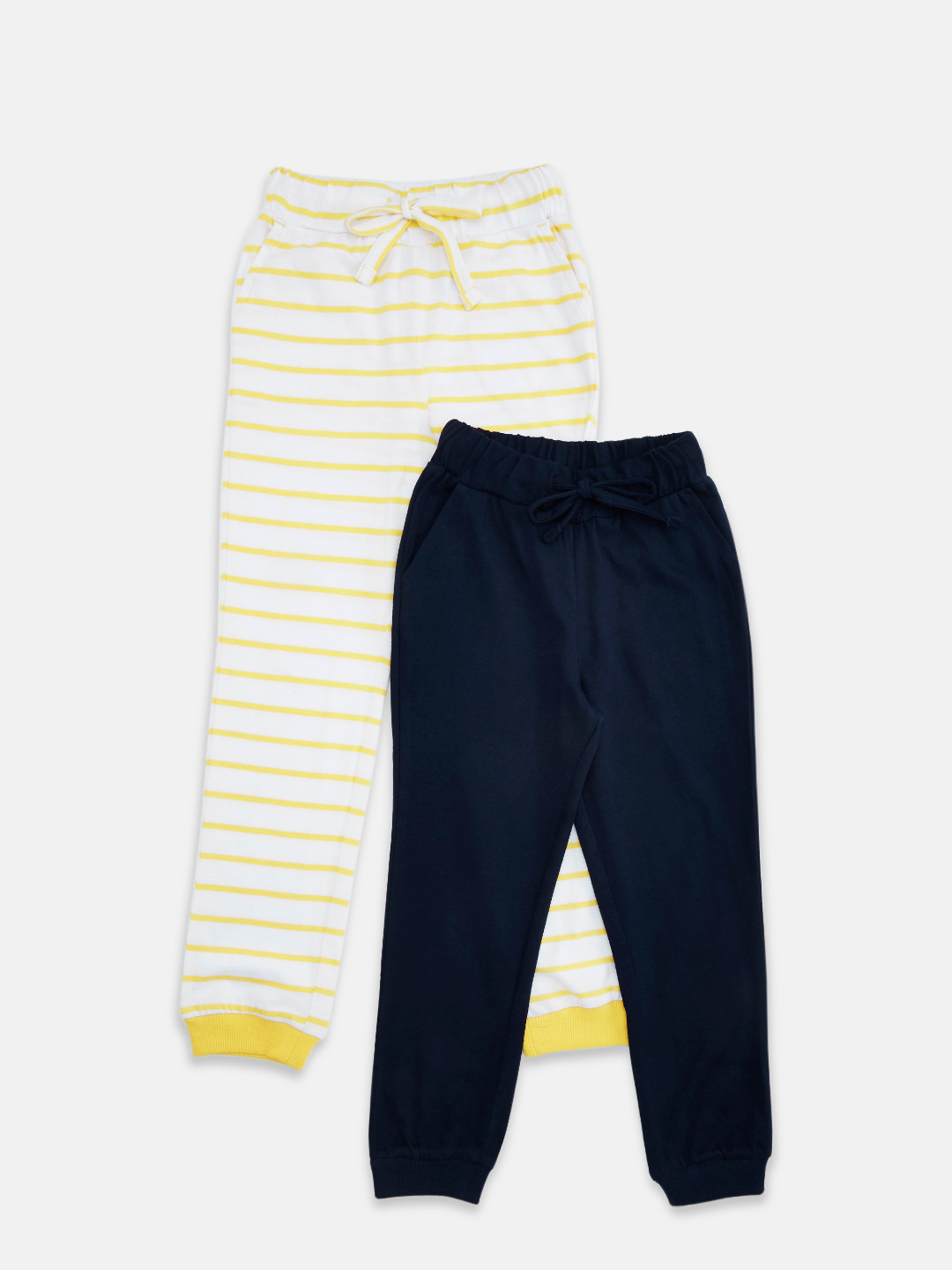 

Pantaloons Junior Girls Pack Of 2 Navy Blue & Yellow Solid & Striped Joggers