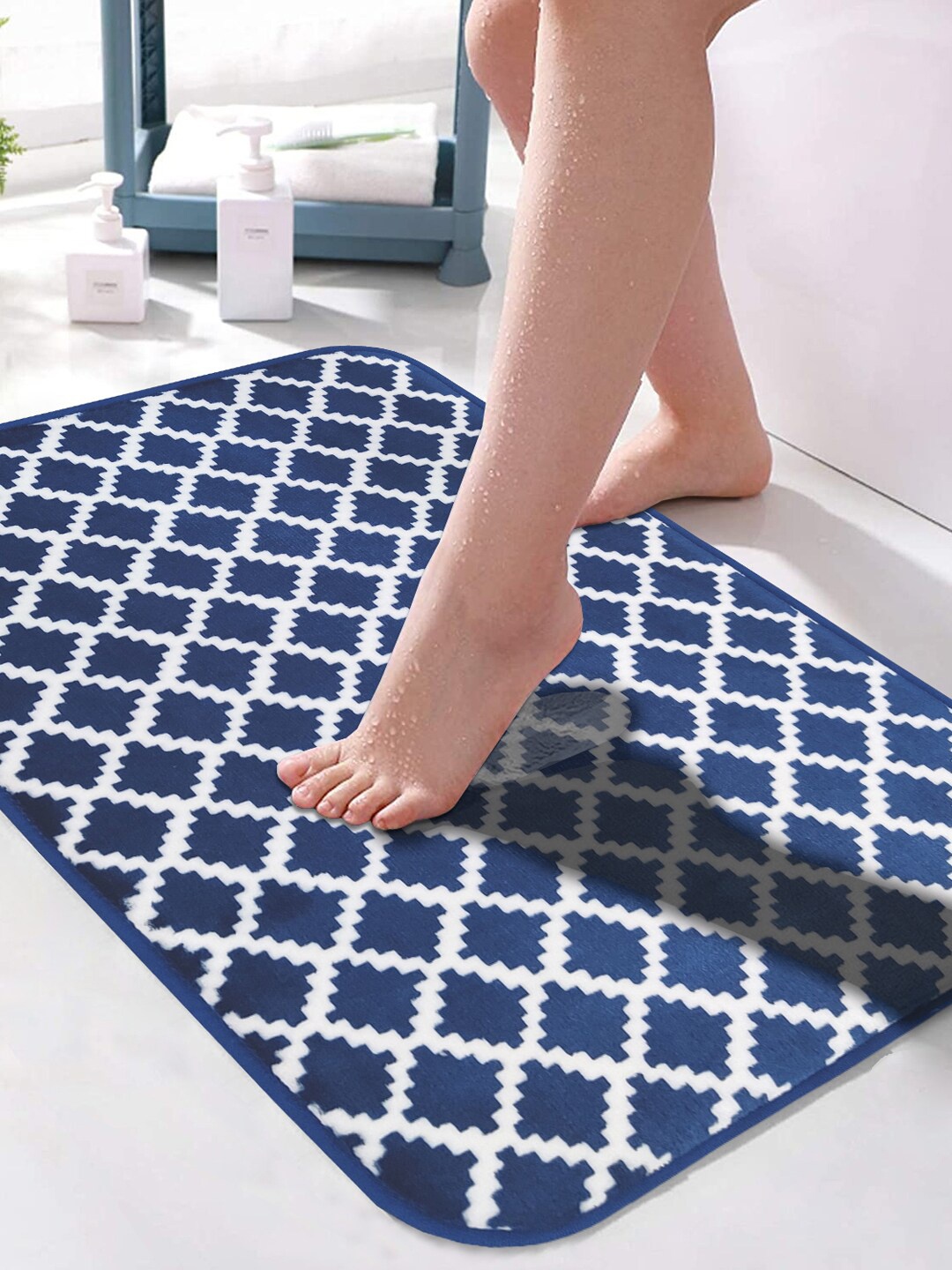 

BIANCA Blue & White Memory Foam Floor Rug With Anti-Slip Latex Backing