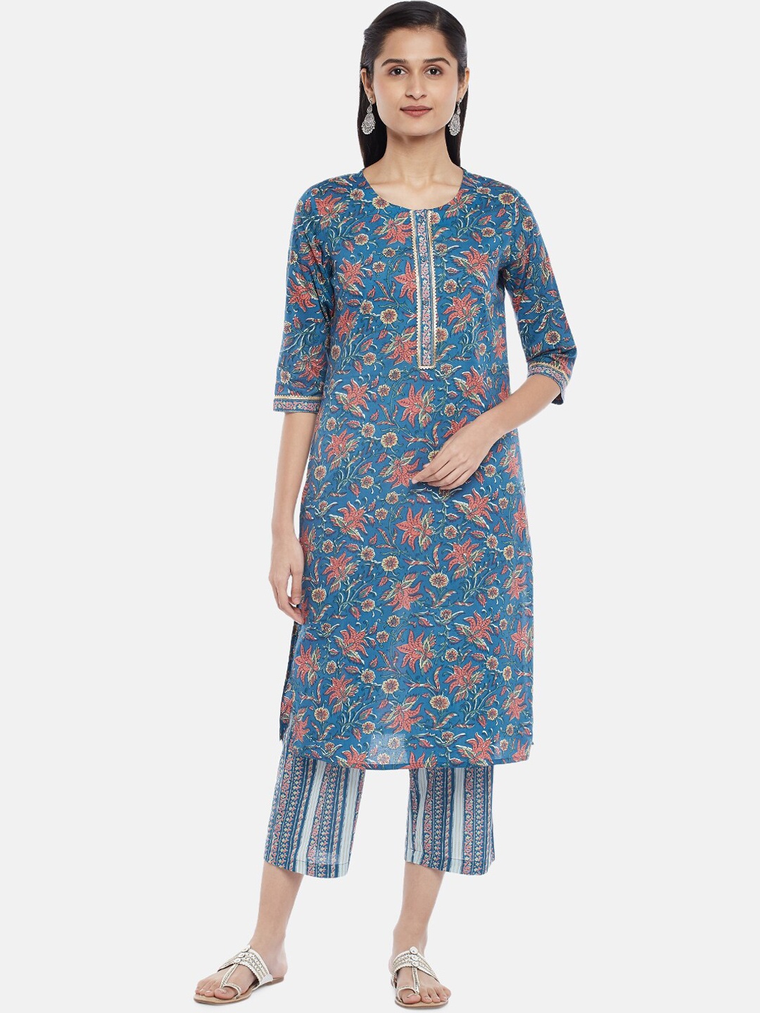 

RANGMANCH BY PANTALOONS Women Blue Floral Printed Pure Cotton Kurta with Trousers
