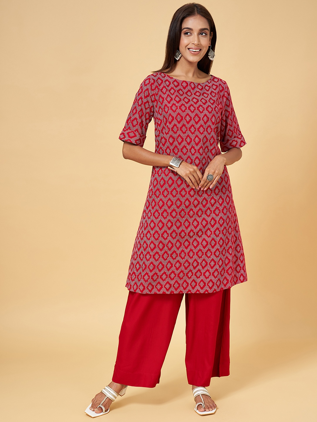 

RANGMANCH BY PANTALOONS Women Red Pure Cotton Kurta with Palazzos