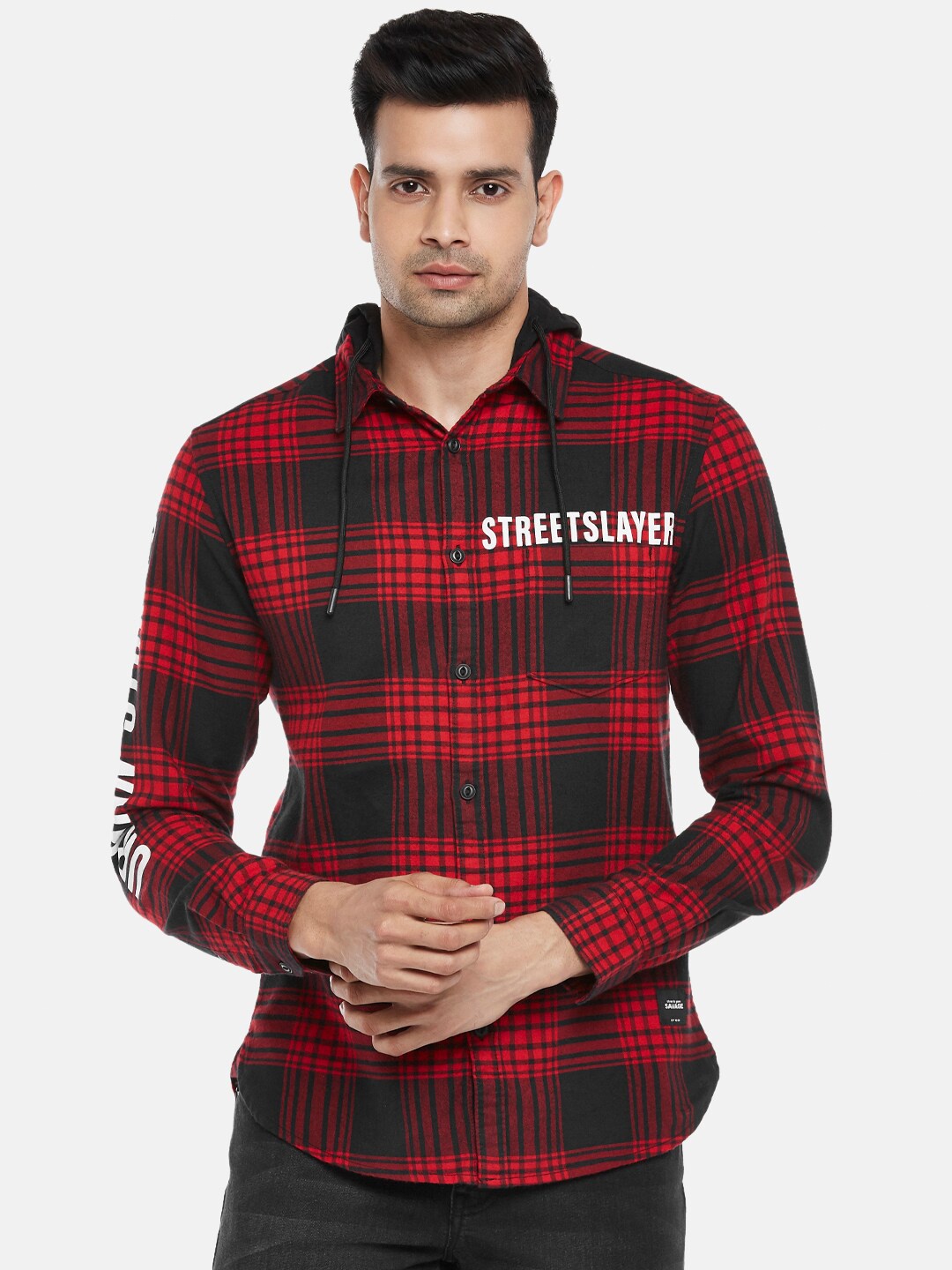 

People Men Red Slim Fit Tartan Checks Cotton Casual Shirt