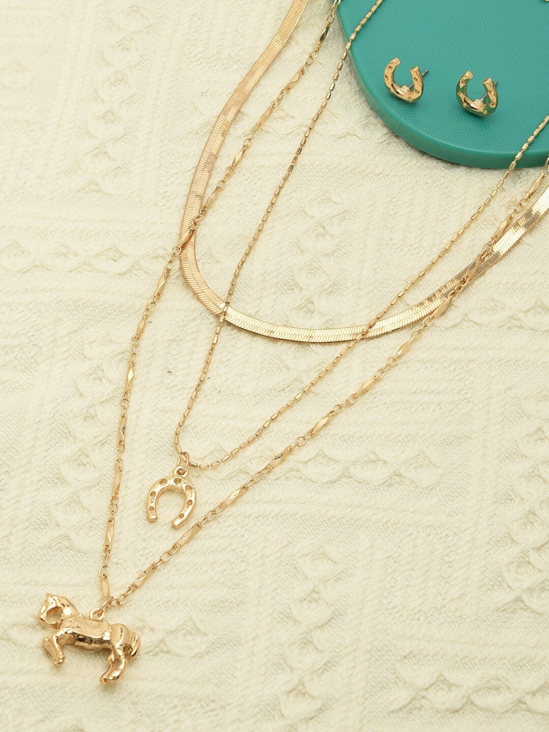 

AMI Women Gold-Tone 3 layers Horse & Horseshoe Embellished Layered Chain Necklace