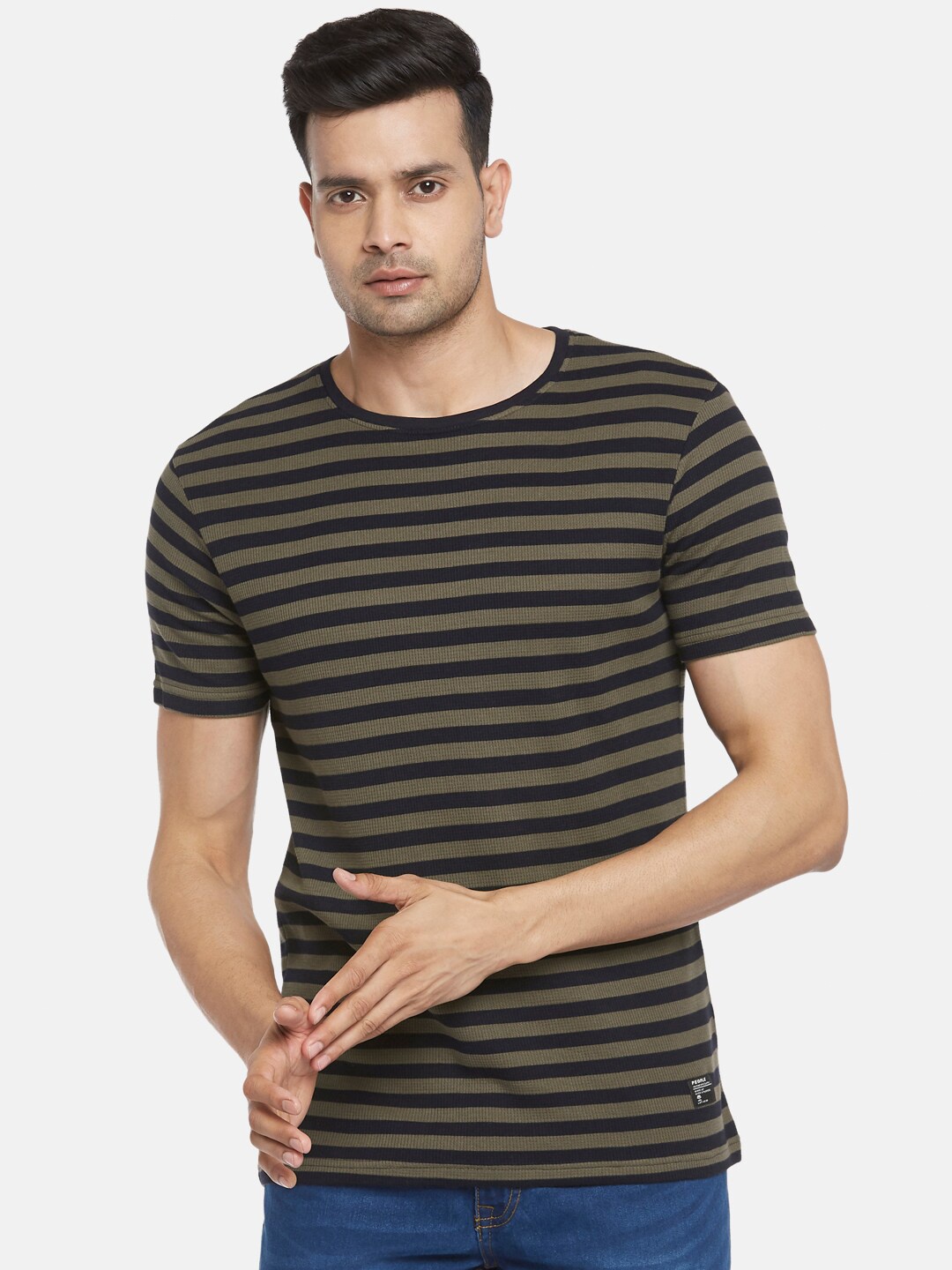 

People Men Olive Green Striped Pure Cotton T-shirt