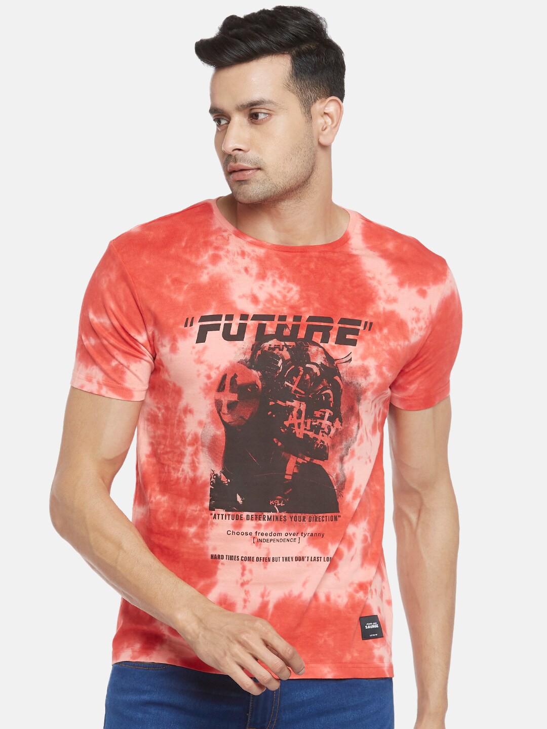 

People Men Red & Black Printed Pure Cotton T-shirt