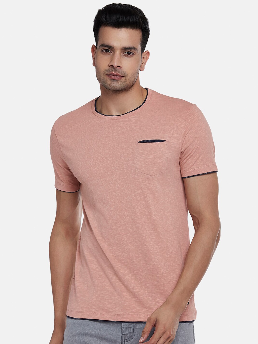 

People Men Pink Pure Cotton T-shirt