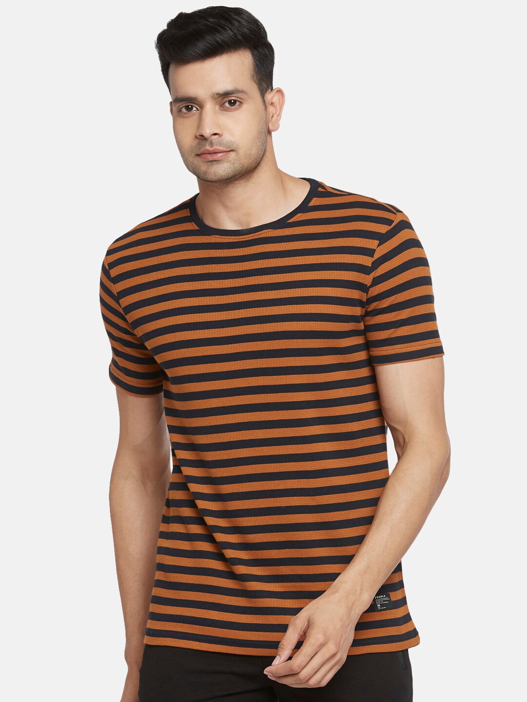

People Men Orange & Black Striped Pure Cotton T-shirt
