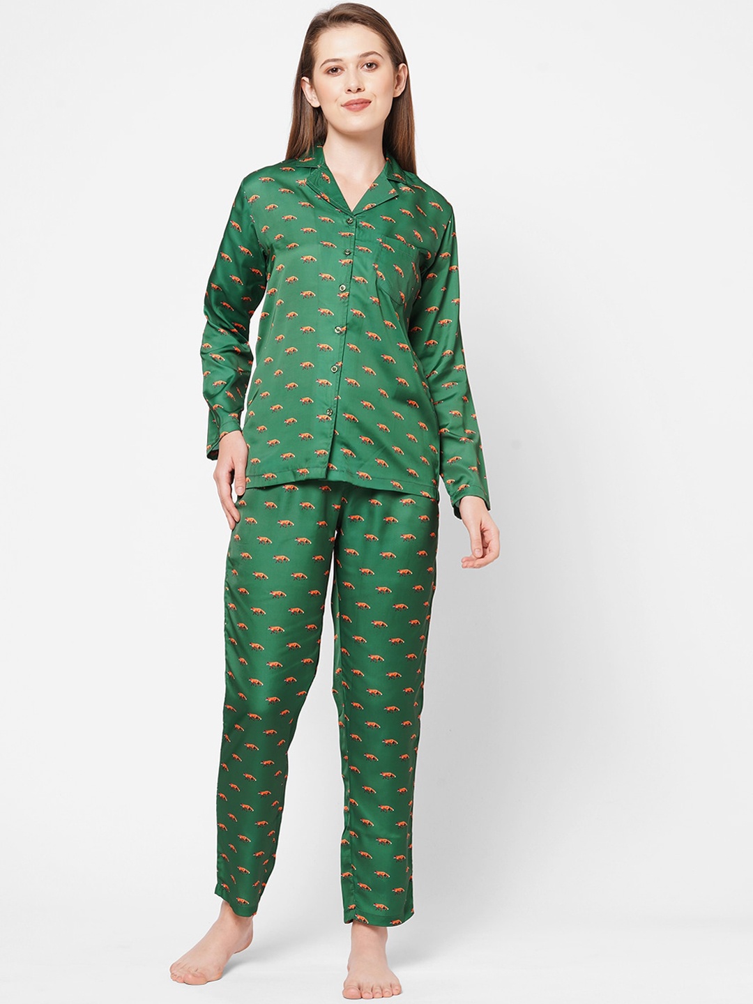 

DRAPE IN VOGUE Women Green & Brown Printed Satin Night Suit