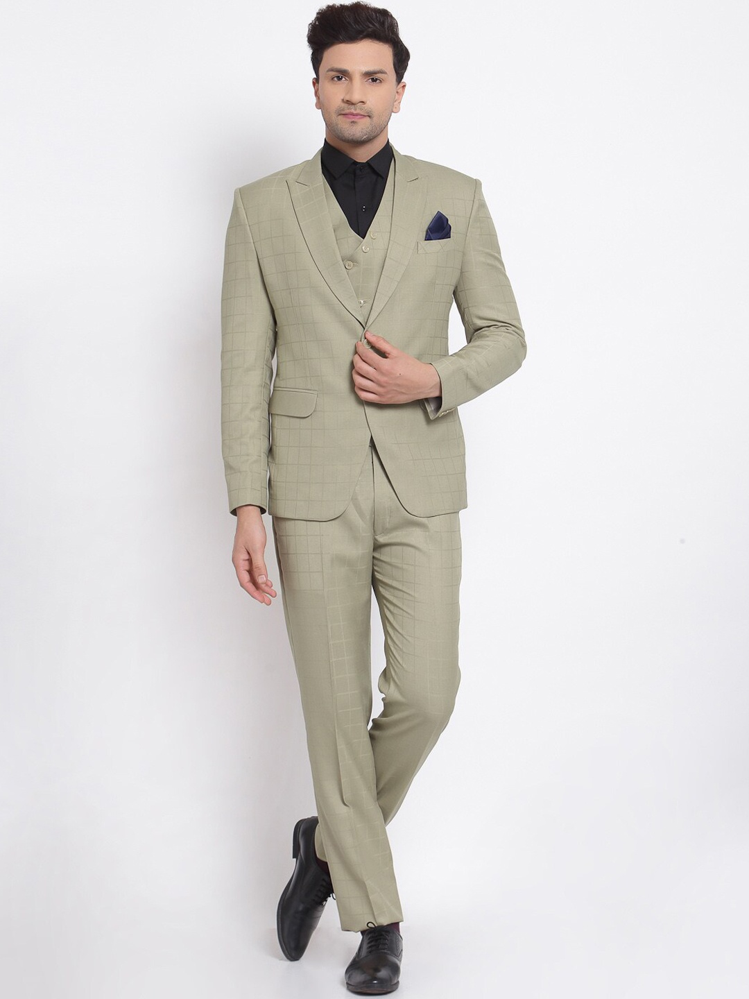 

KLOTTHE Men Beige Checked Single-Breasted Three-Piece Party Suit