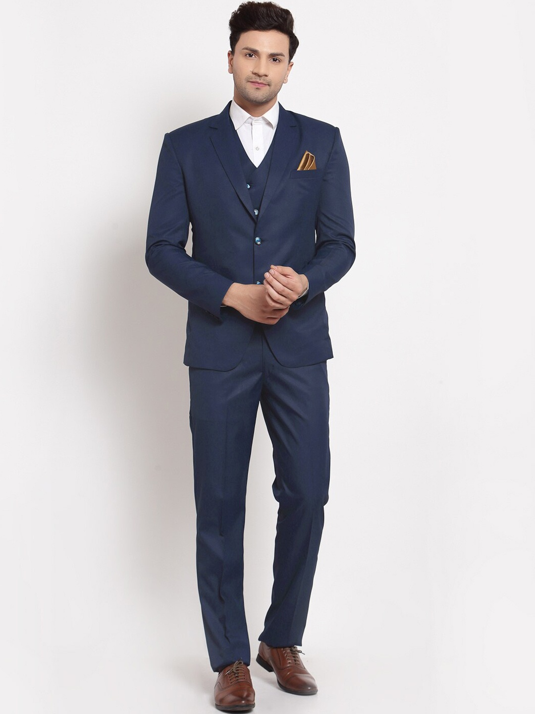 

Klotthe Men Navy Blue Solid Single-Breasted Three-Piece Party Suit