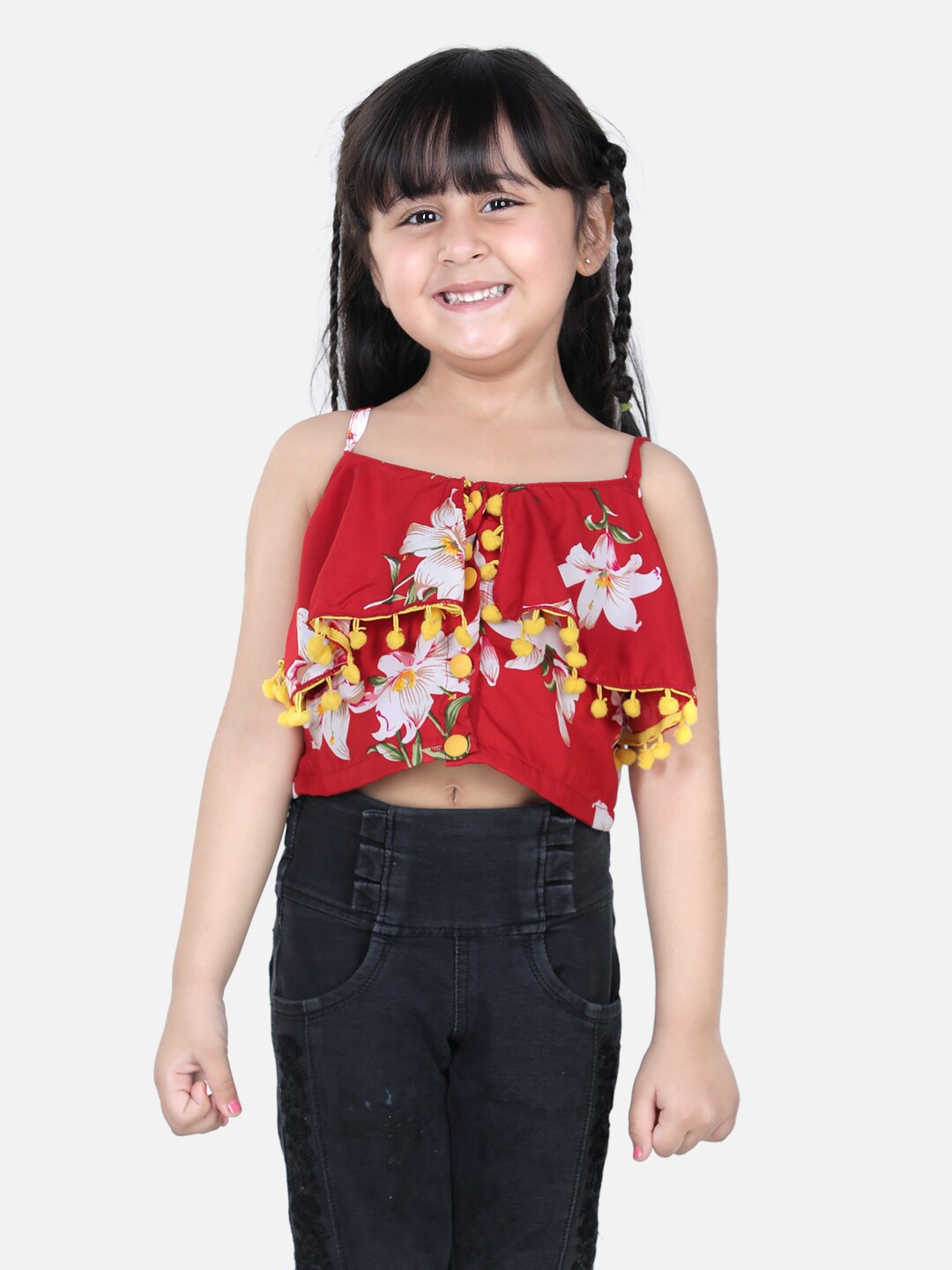 

Cutiekins Red & White Floral Print Crepe Blouson Top