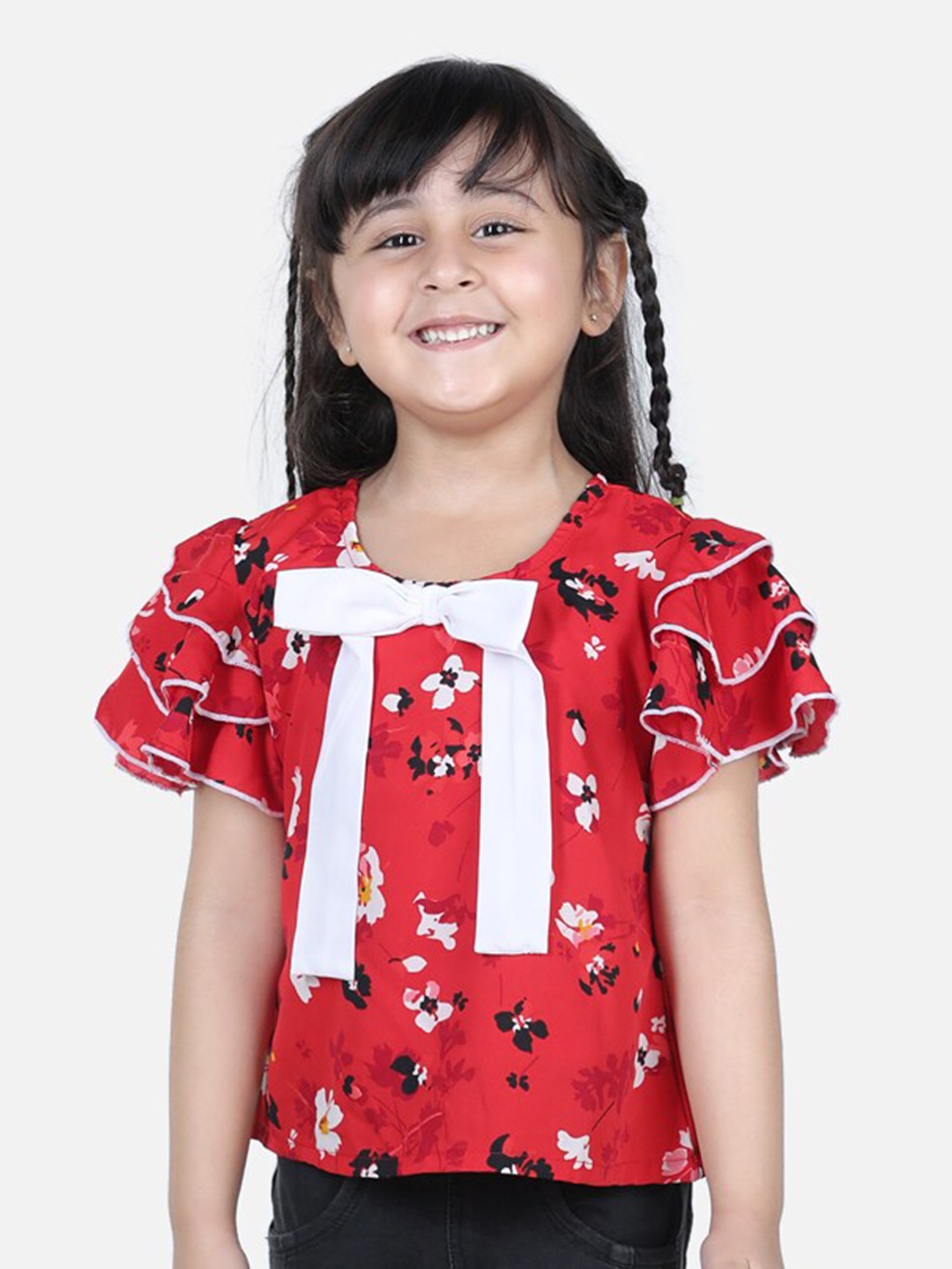 

Cutiekins Red Prined Big Bow Floral Print Crepe Top