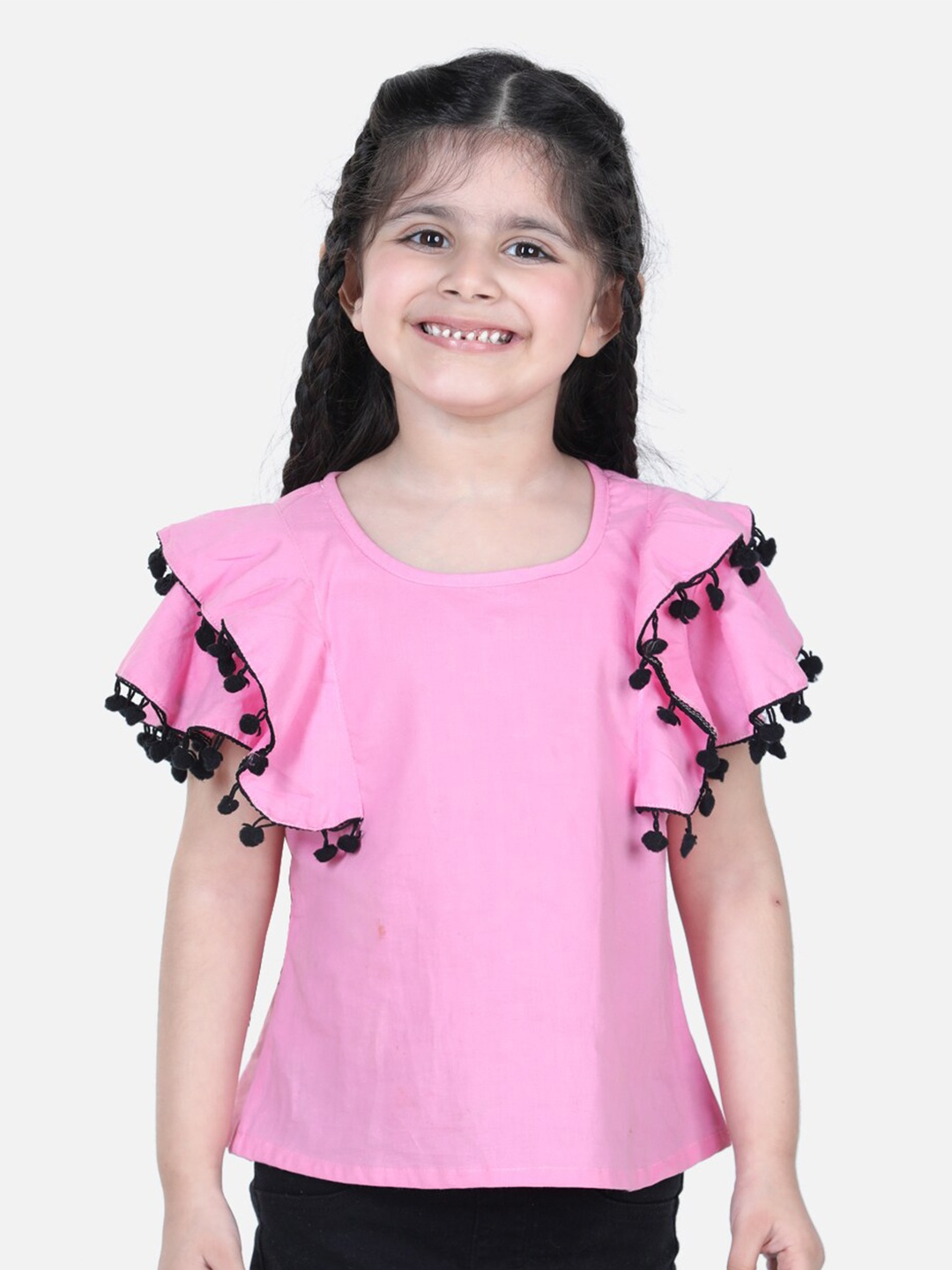 

Cutiekins Girls Pink & Navy Blue Embellished Crepe Top