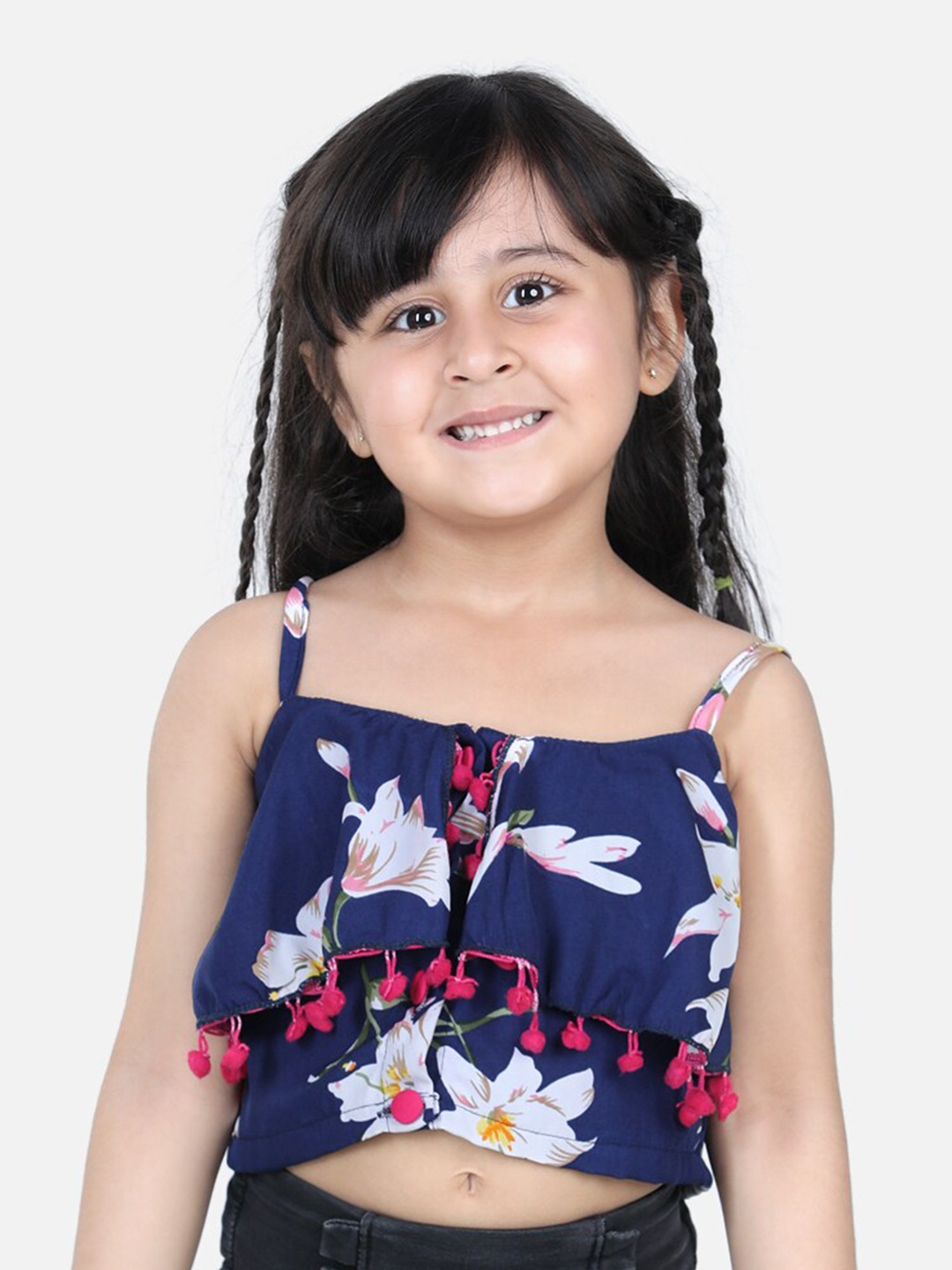 

Cutiekins Navy Blue Floral Print Crepe Crop Top