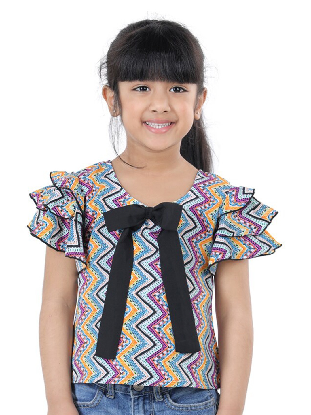 

Cutiekins Multicoloured Floral Print Tie-Up Neck Ruffles Crepe Top, Multi