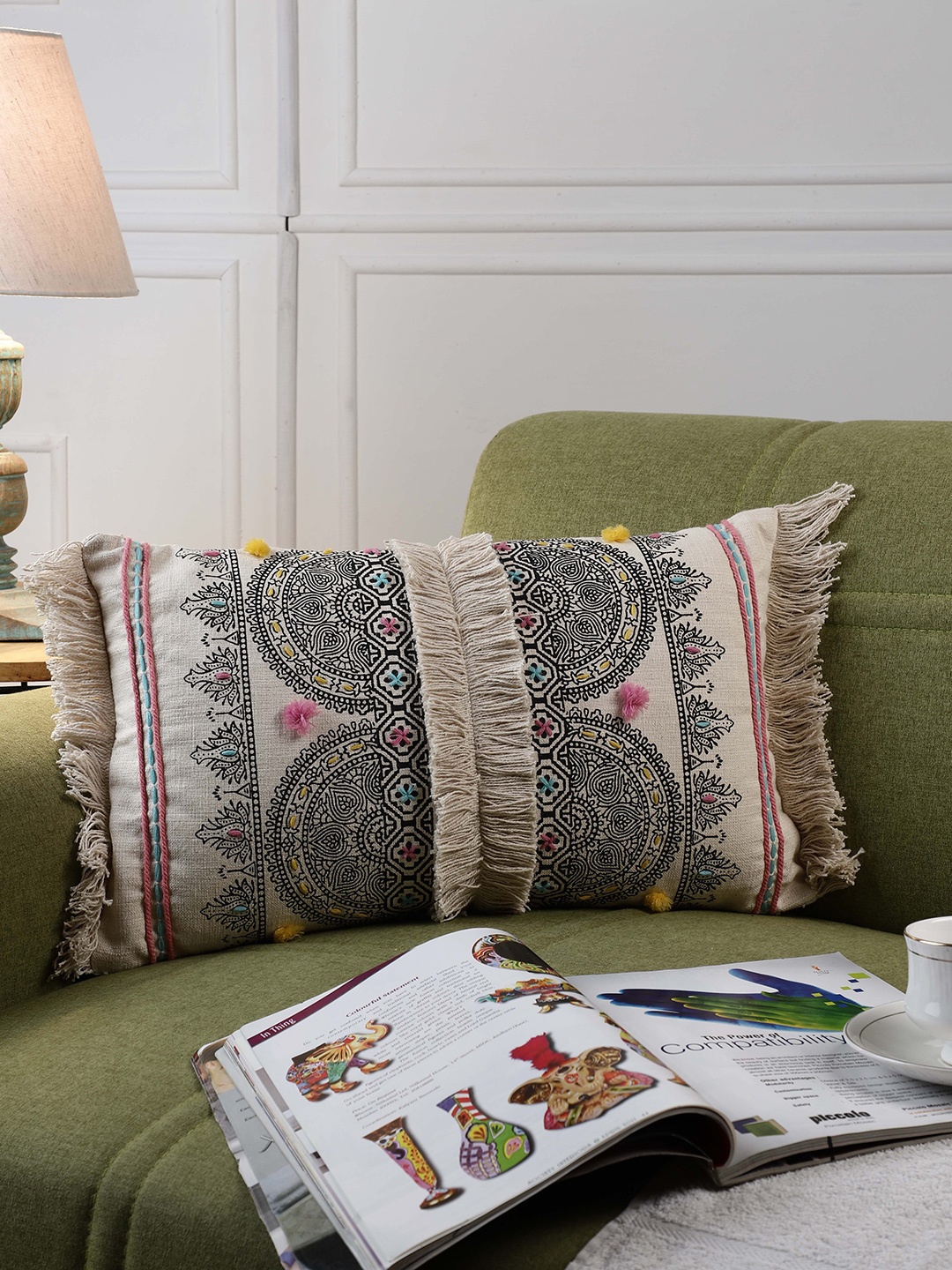 

MIAH Decor Beige & Black Blockprinted & Embroidered Rectangle Cushion Covers
