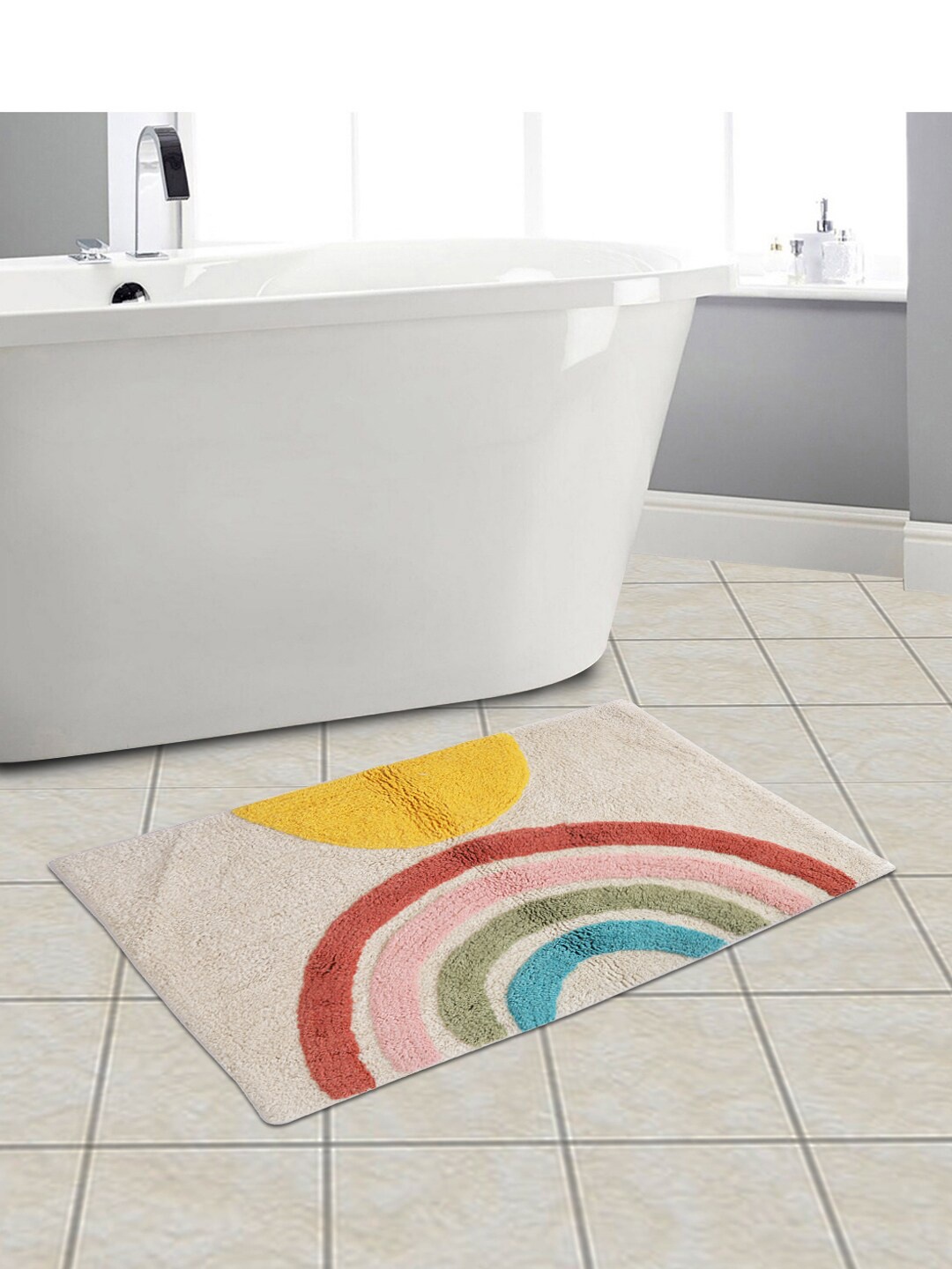 eyda Multicoloured Geometric Anti Skid Cotton Bath Rug, Multi