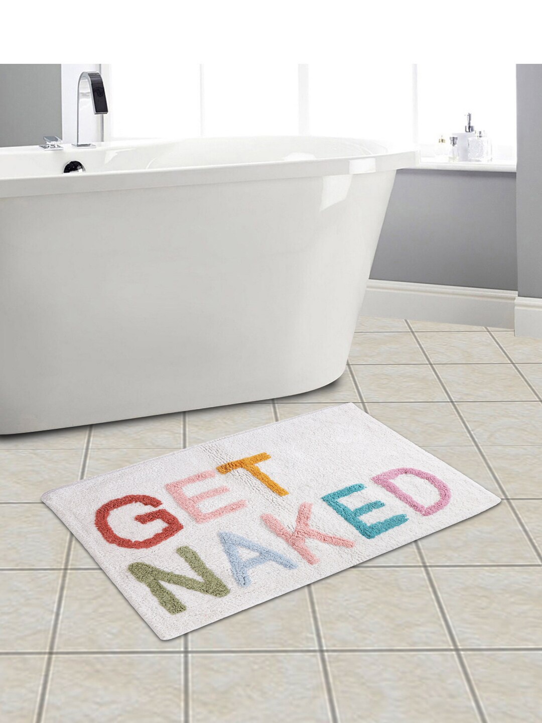 eyda White Patterned 500GSM Cotton Anti-Slip Bath Rug