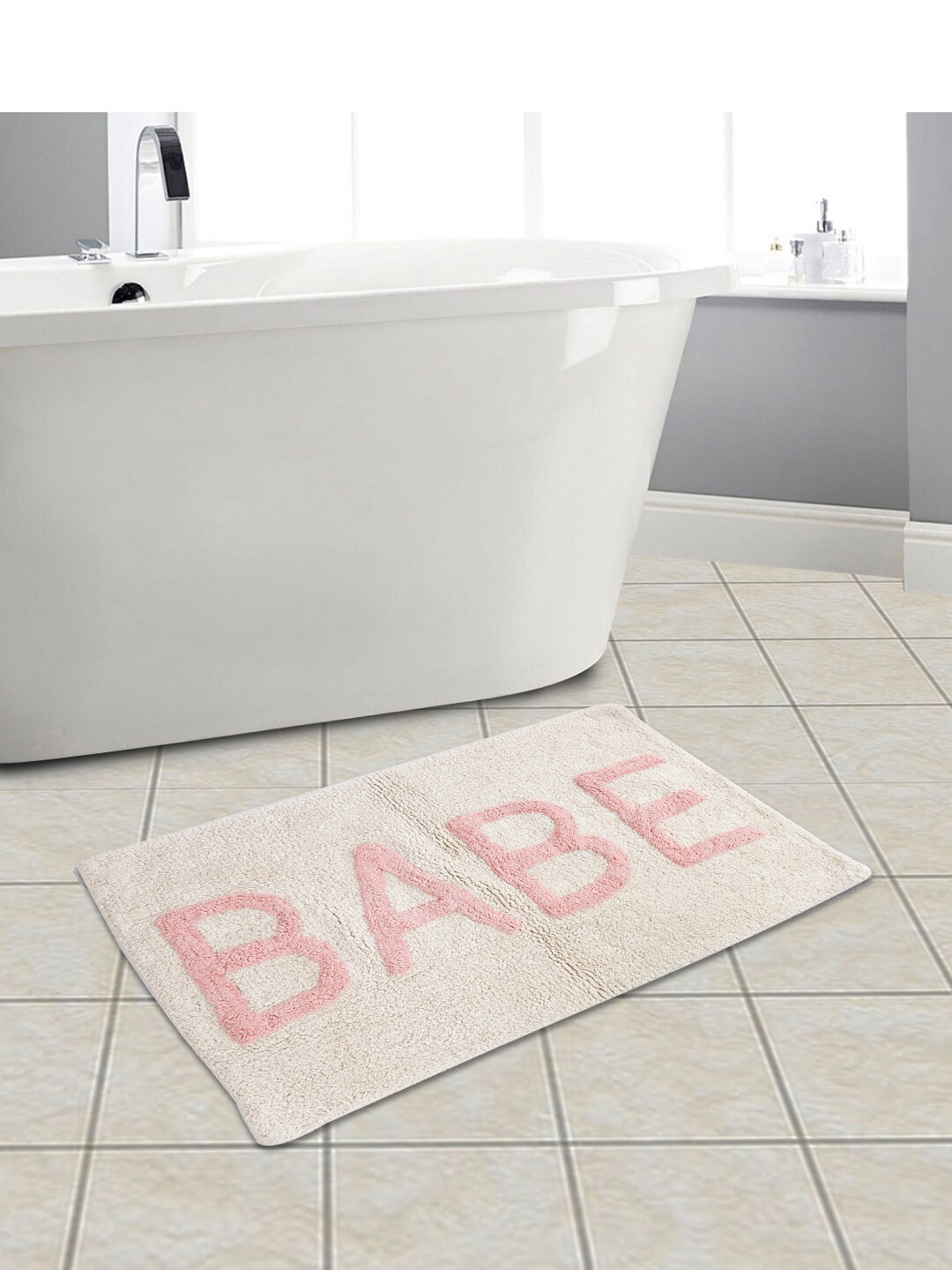 

eyda White and Pink Printed Cotton Bath Rug