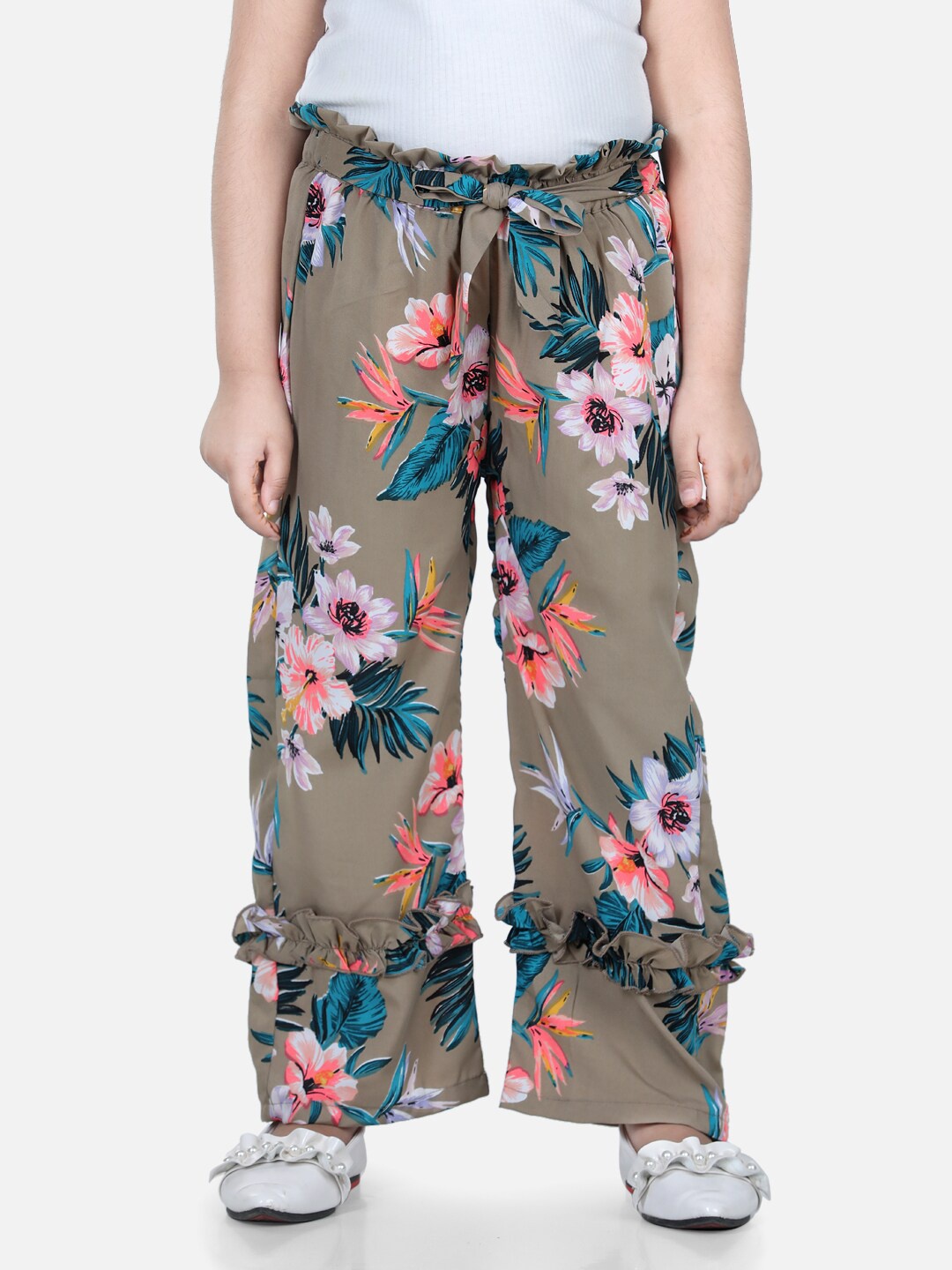 

Cutiekins Girls Olive Green & Blue Floral Printed Ruffled Knitted Palazzos