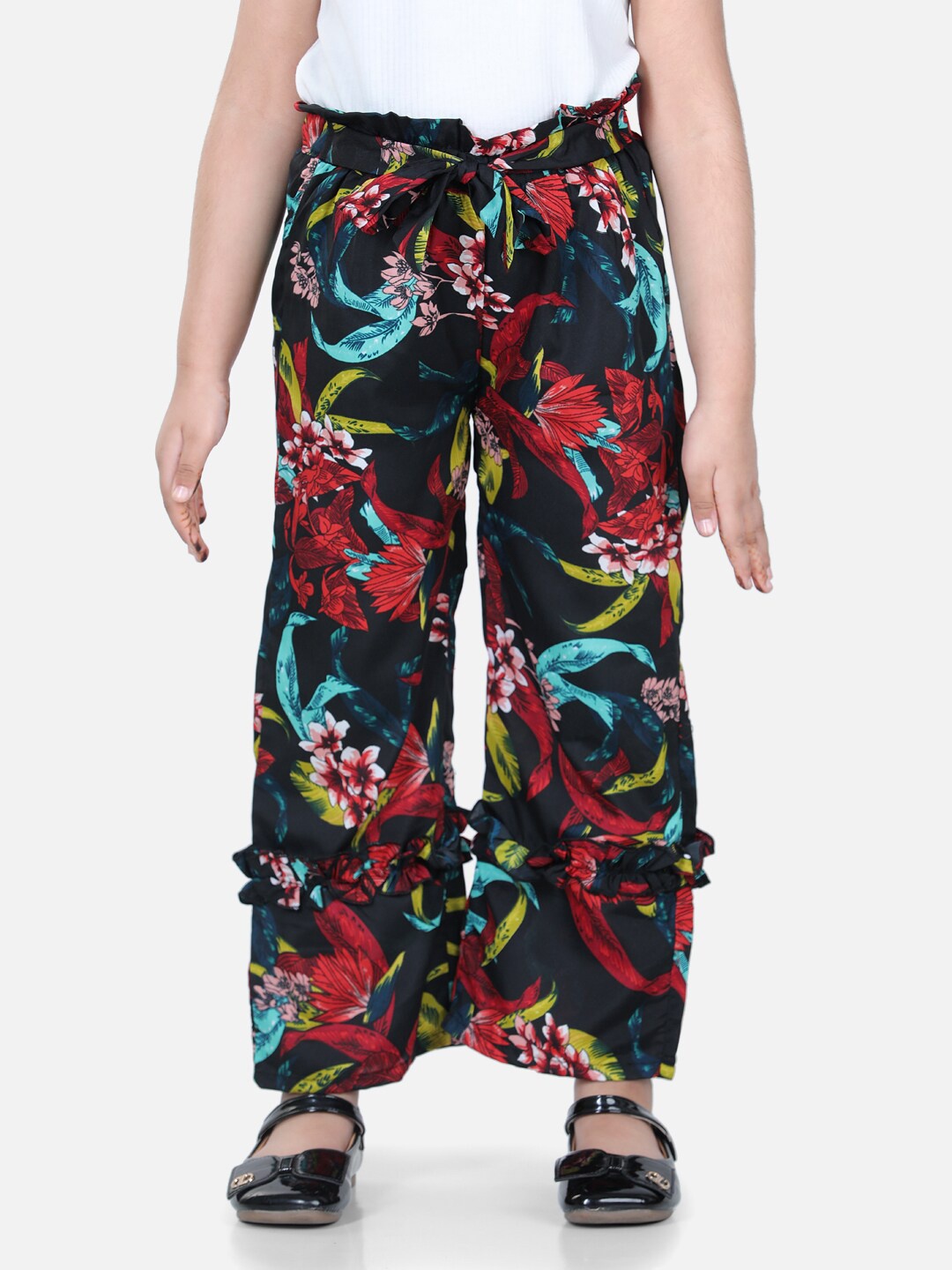 

Cutiekins Girls Black & Red Floral Printed Knitted Palazzos