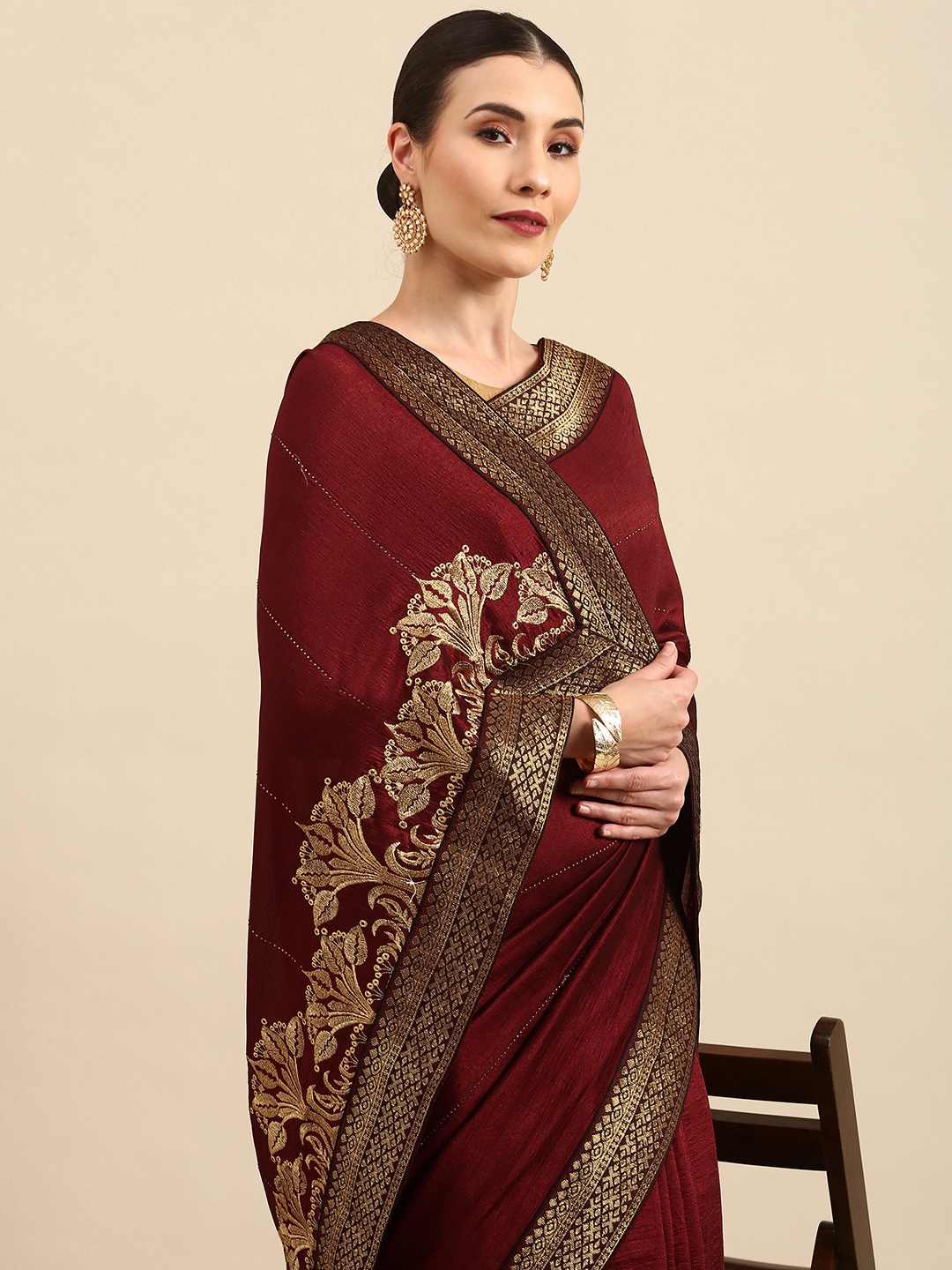 

Anouk Maroon Solid Bhagalpuri Saree