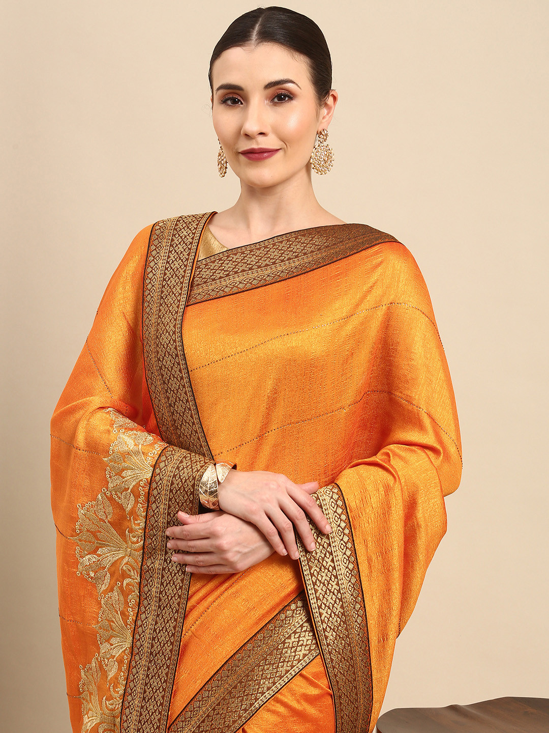 

Anouk Mustard Yellow Striped Bhagalpuri Saree