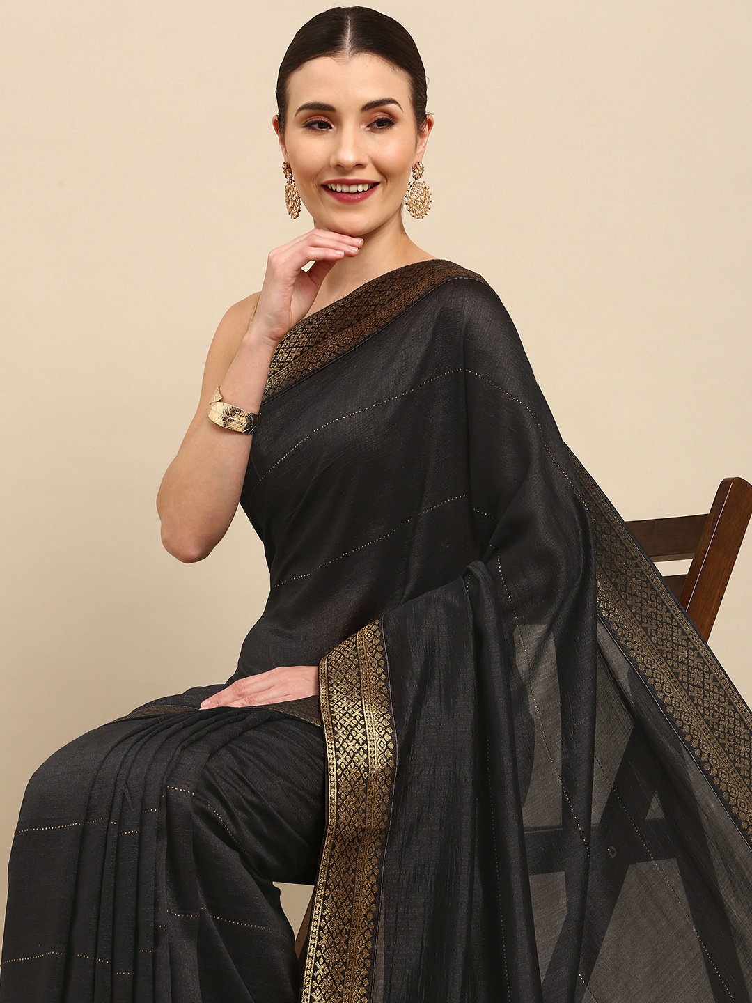 

Anouk Charcoal Grey Striped Bhagalpuri Saree