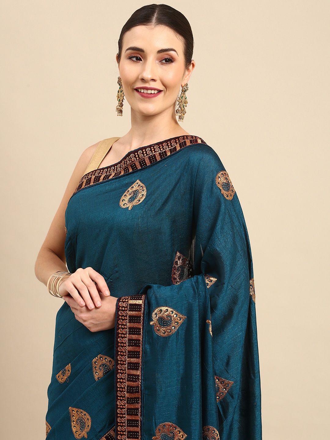 

Anouk Teal Green & Golden Ethnic Embroidered Bhagalpuri Saree