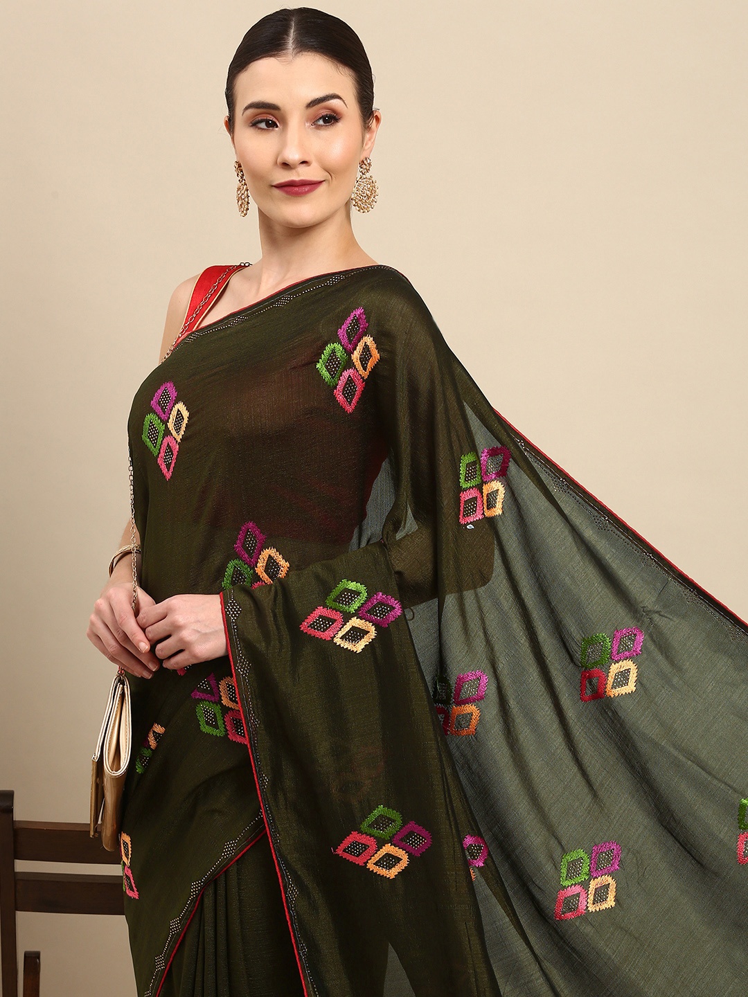 

Anouk Olive Green & Pink Embroidered Bhagalpuri Saree