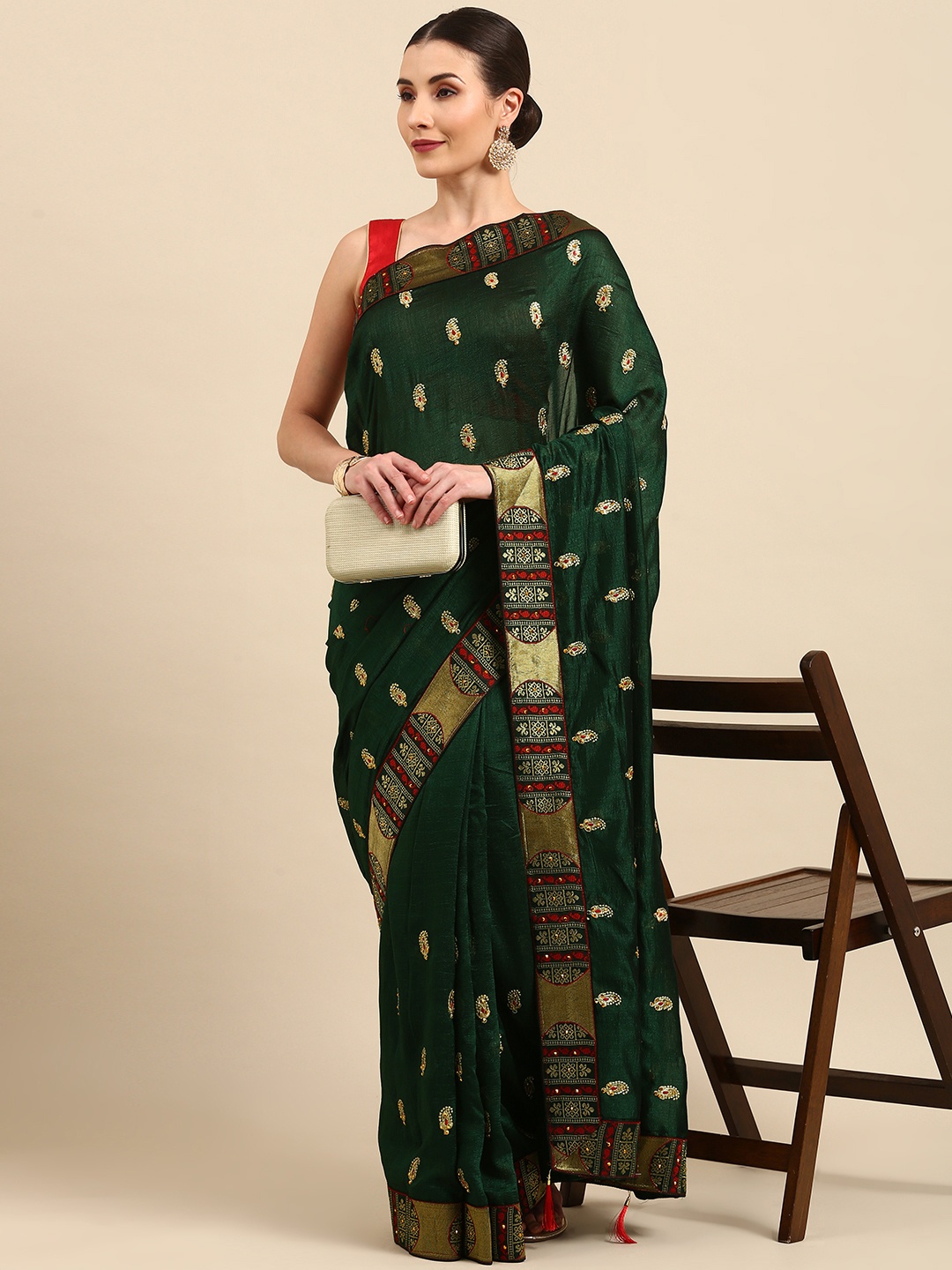 

Anouk Green & Golden Paisley Embroidered Bhagalpuri Saree