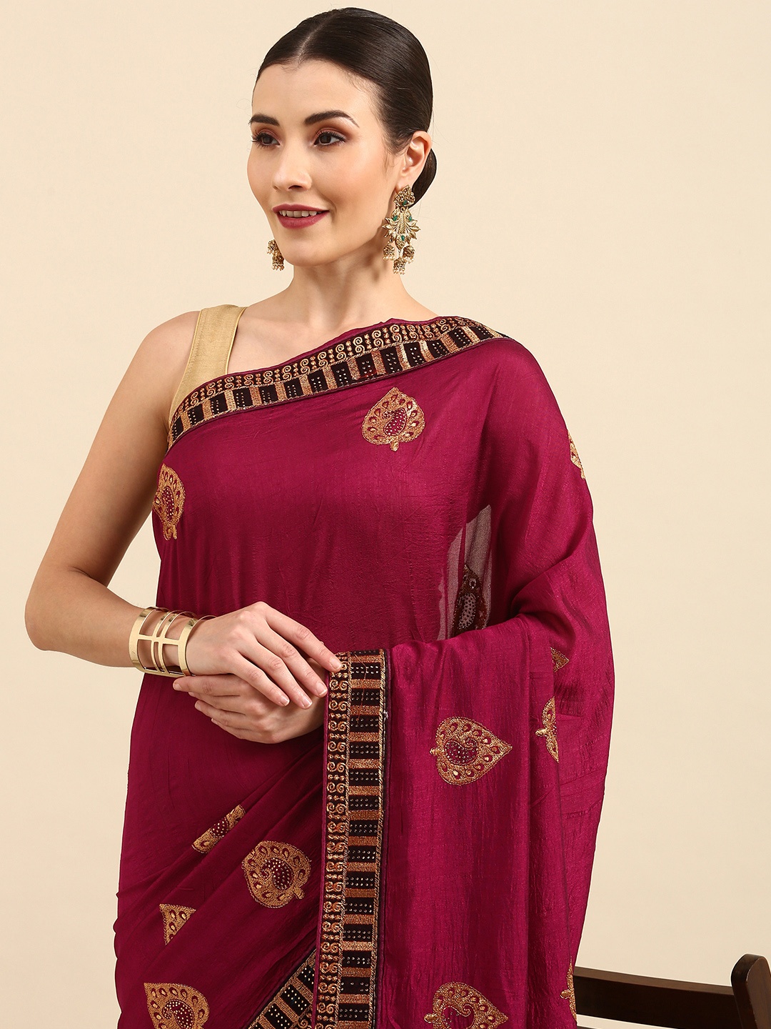 

Anouk Burgundy & Golden Ethnic Embroidered Bhagalpuri Saree