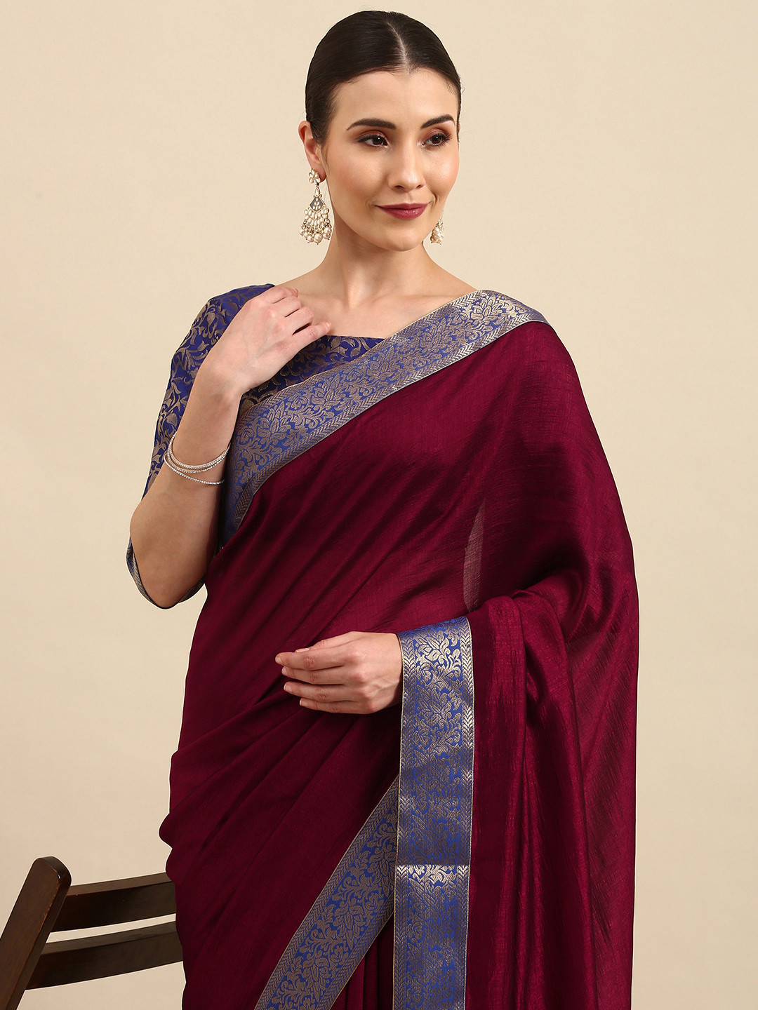 

Anouk Maroon Solid Bhagalpuri Saree