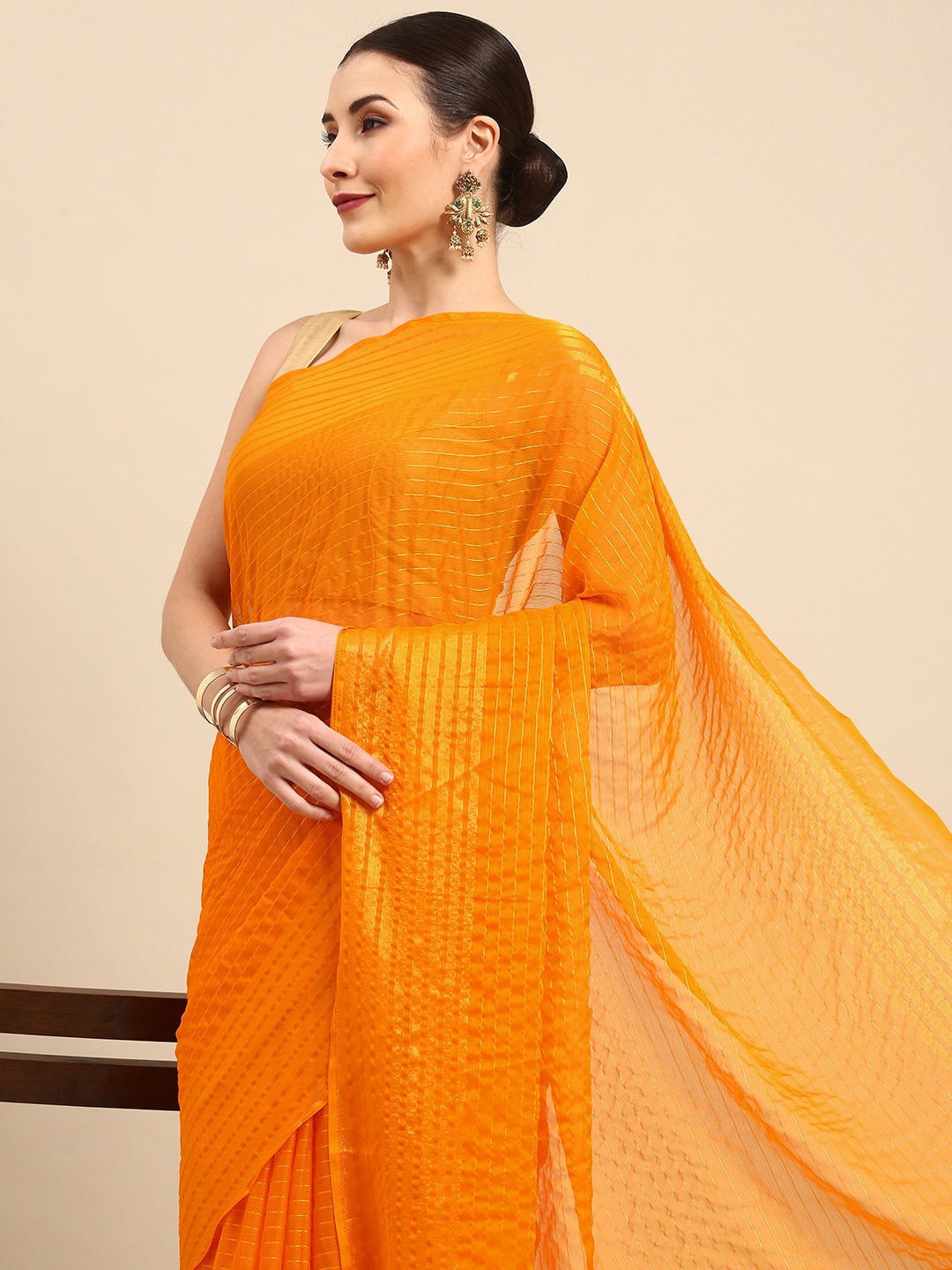 

Anouk Mustard Yellow Striped Pure Chiffon Bhagalpuri Saree