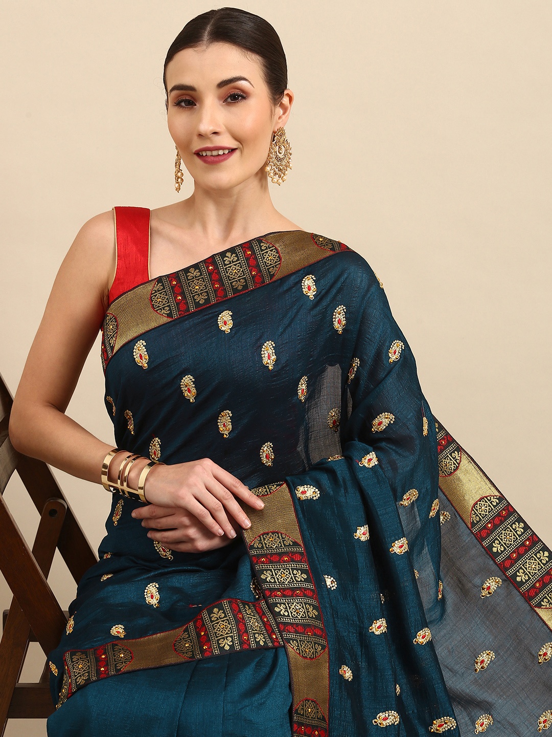 

Anouk Teal Blue & Golden Paisley Embroidered Bhagalpuri Saree